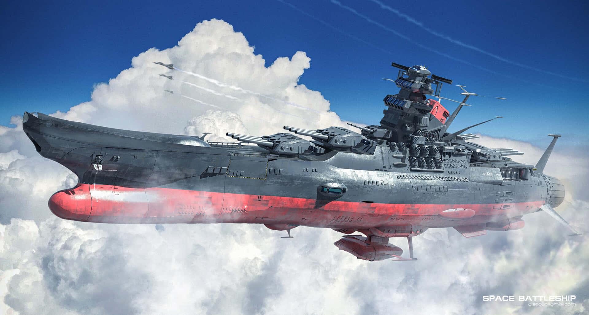 Space Battleship Yamato 桌布 壁紙 — 一艘巨大的未來戰艦，紅色底部在晴朗的藍天下翱翔於蓬鬆的白雲之上。
