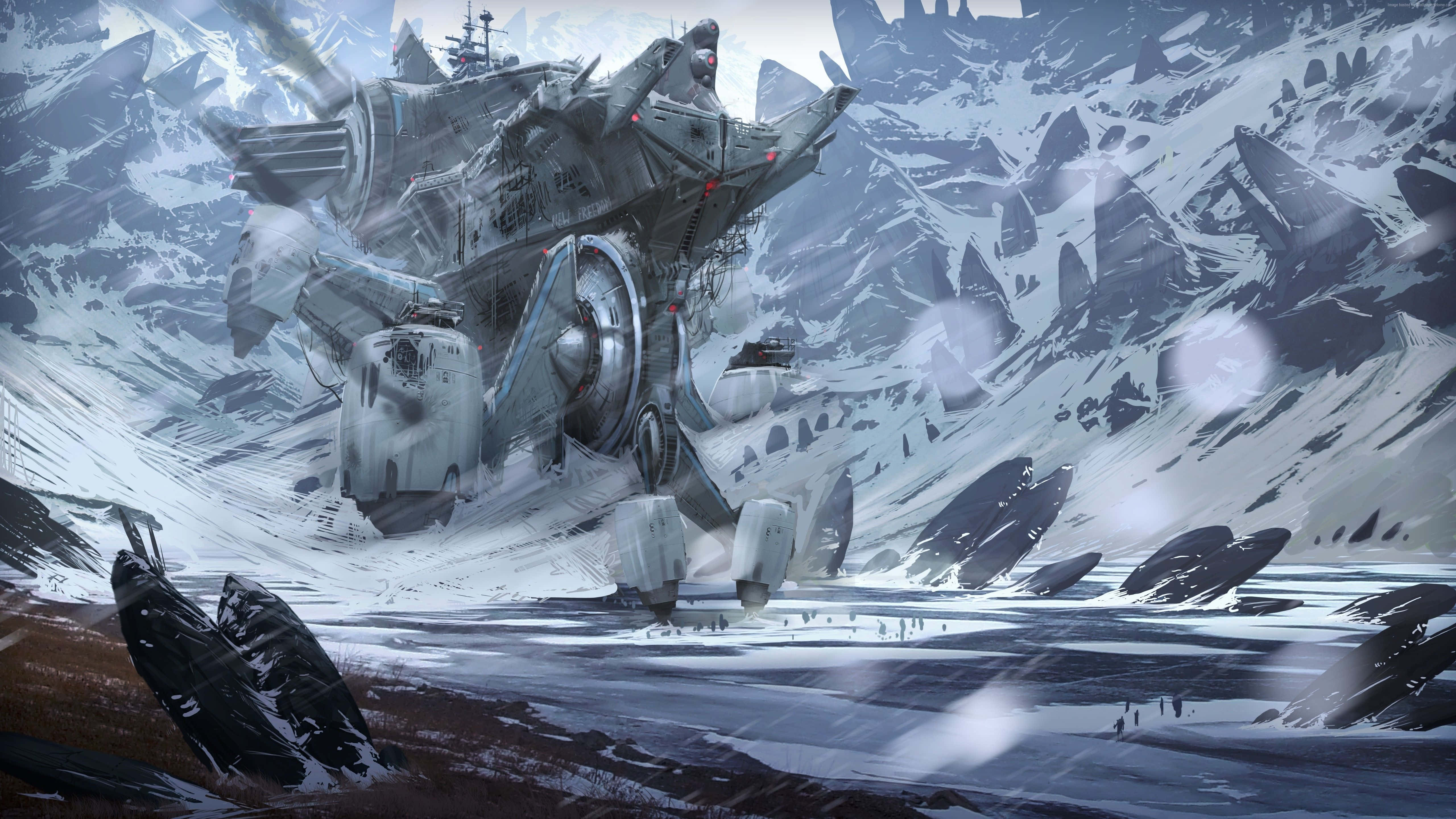 Winter Games 桌布 壁紙 — 一艘巨大的未來戰艦停泊在白雪覆蓋的山谷中，雪花飄落，山峰崎嶇。