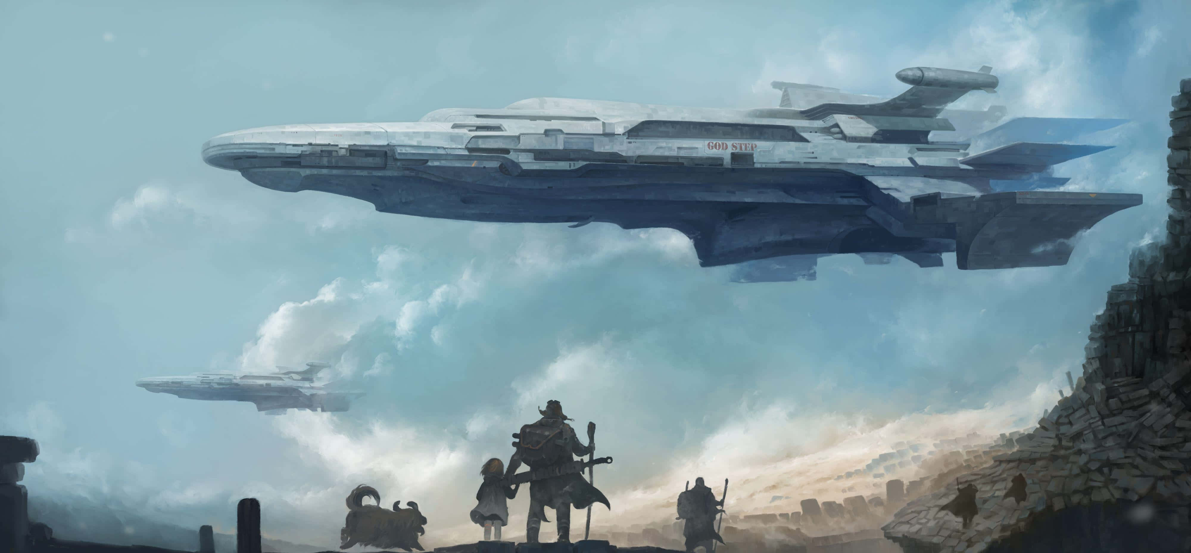 Spacecraft 桌布 壁紙 — 一艘巨大的未來風格太空船盤旋在荒涼的岩石景觀之上，小人物在陰雲密布的天空下敬畏地仰望。