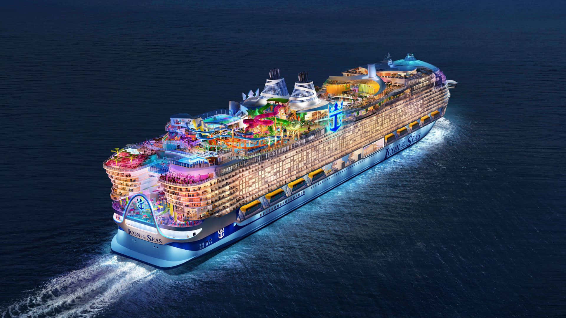 Cruise Ship 桌布 壁紙 — 一艘巨大的燈光璀璨的遊輪在夜間航行於黑暗的海水中，甲板上閃爍著鮮豔的霓虹燈光。