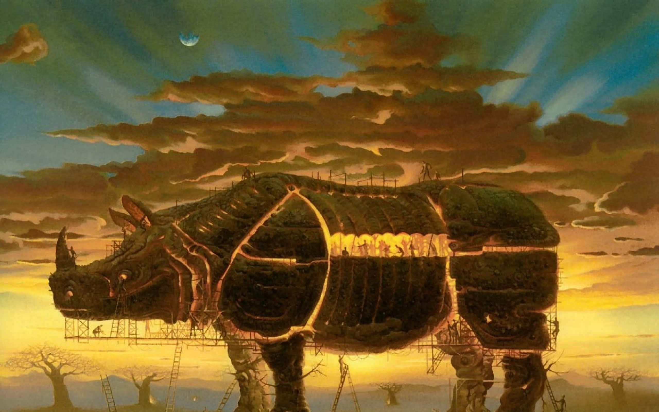 Surrealism 桌布 壁紙 — 一艘巨大的犀牛形飛船，帶有發光的內部燈光和腳手架，在日落時分漂浮在貧瘠的景觀上空。