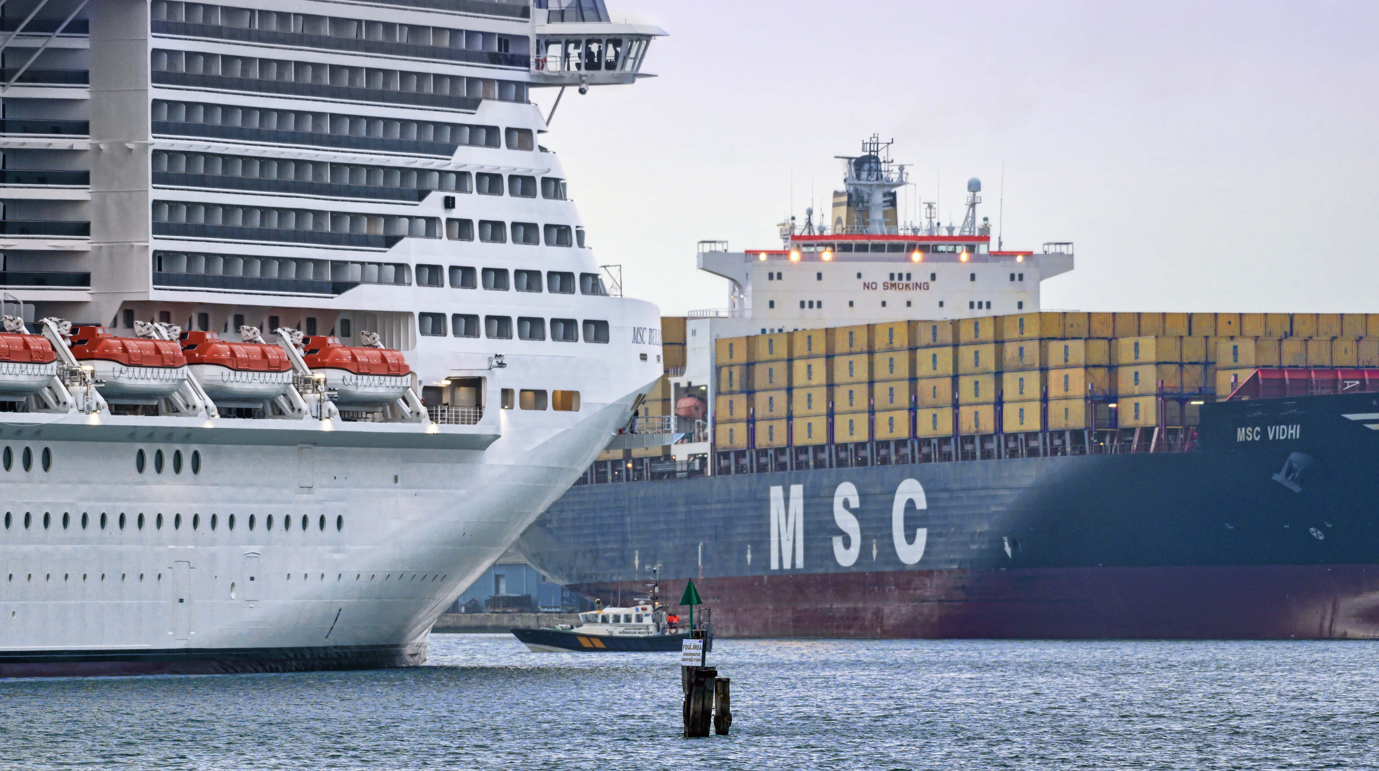 Cruise Ship 桌布 壁紙 — 一艘巨大的白色郵輪和標有MSC Vidhi的貨櫃船在平靜的港灣水域中並排停靠。
