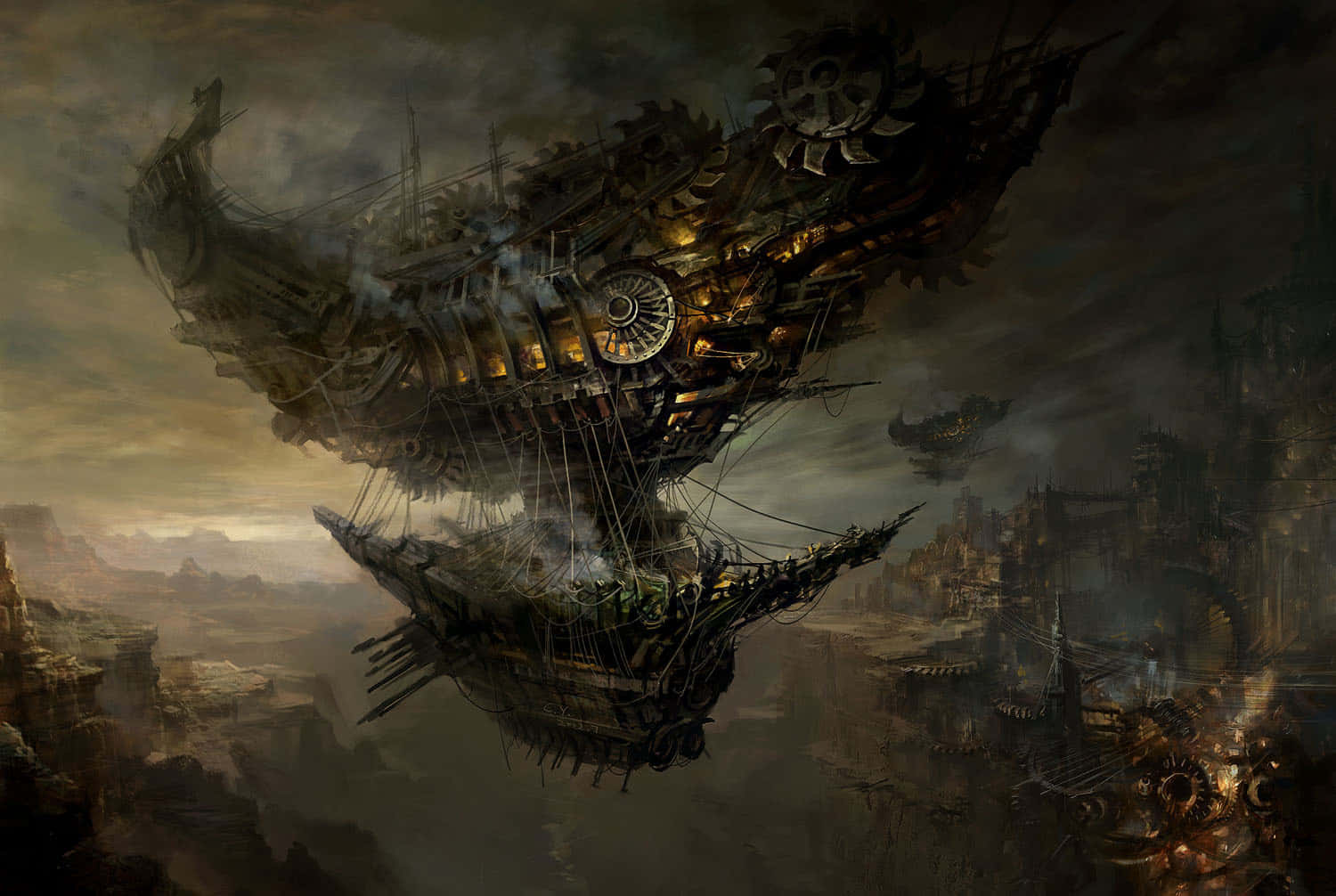 Dark Steampunk 桌布 壁紙 — 一艘巨大的蒸氣龐克飛船，帶著發光的燈光和複雜的齒輪，在黃昏時分盤旋在荒涼、煙霧瀰漫的城市景觀之上。