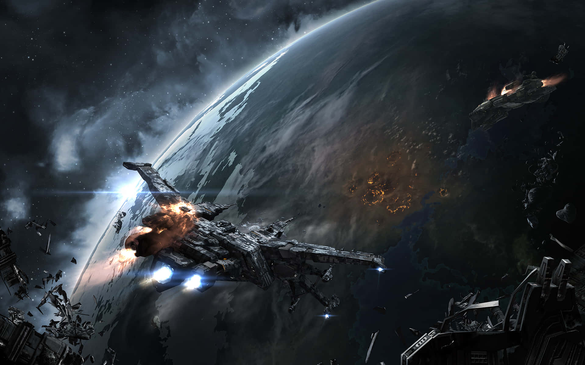 太空船 桌布 壁紙 — 一艘巨大的軍艦在軌道上爆炸，下方行星上有發光的城市和漂浮在太空中的碎片。