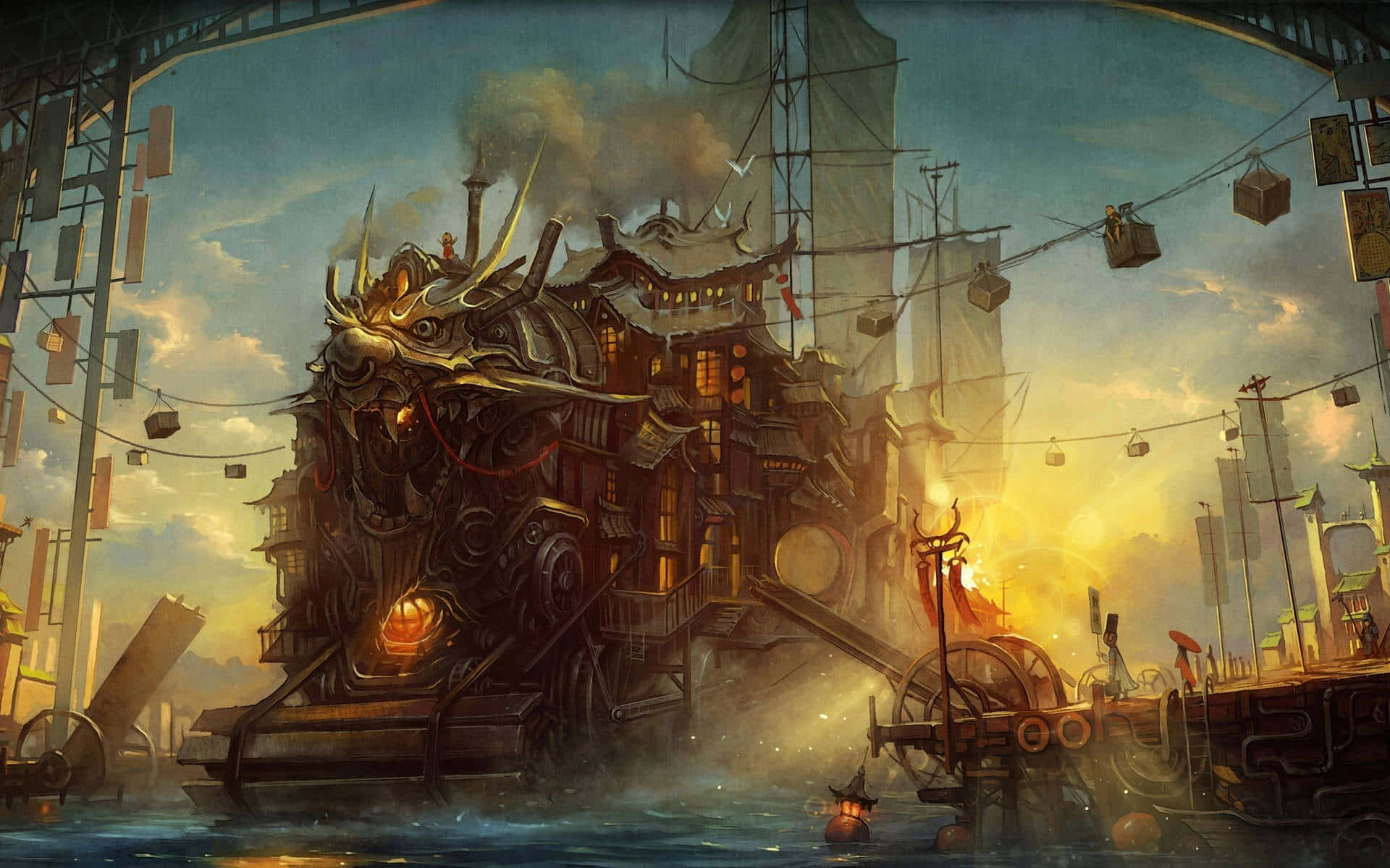 Dark Steampunk 桌布 壁紙 — 一艘巨大的龍頭蒸汽船，窗戶發光，在金色日落時分停靠在繁忙的未來派港口。