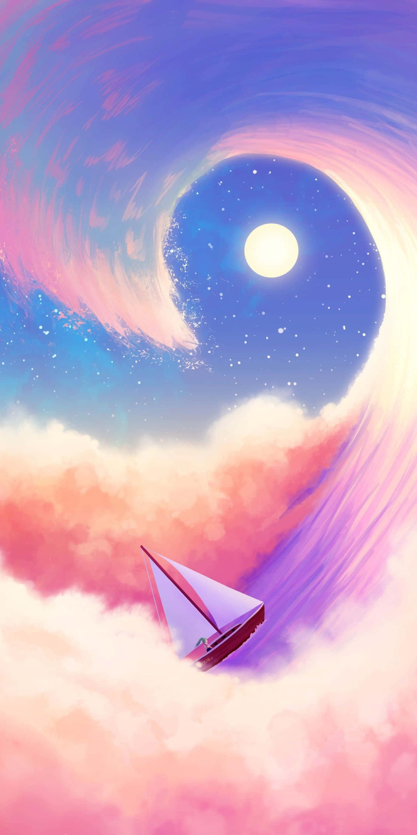 Kawaii Art 桌布 壁紙 — 一艘帆船在夢幻的粉紅色和紫色雲層中滑行，下方是旋轉的宇宙天空，一輪發光的月亮高懸。