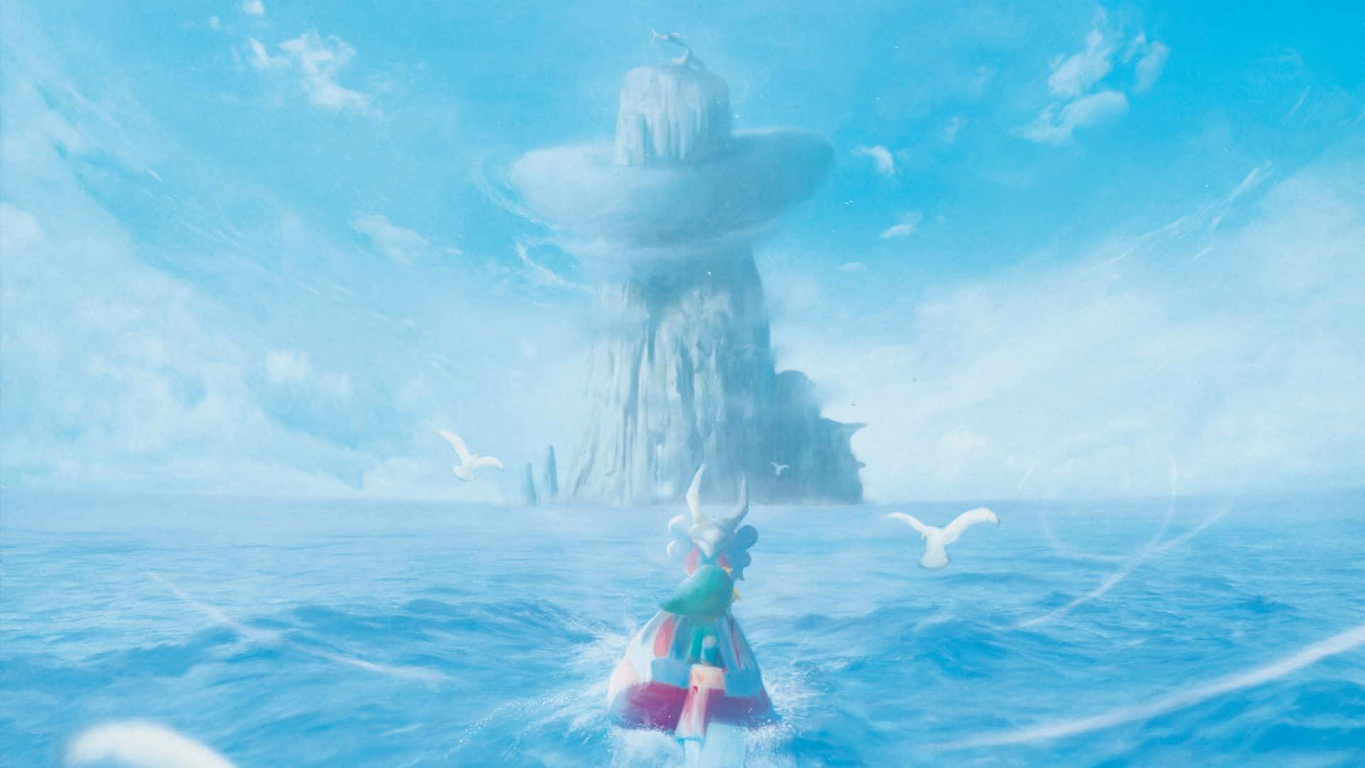 The Legend Of Zelda The Wind Waker 桌布 壁紙 — 一艘帶有彩色帆的小船在明亮的天空下，滑過廣闊的藍色海洋，朝一座高聳、霧氣瀰漫的冰山駛去。