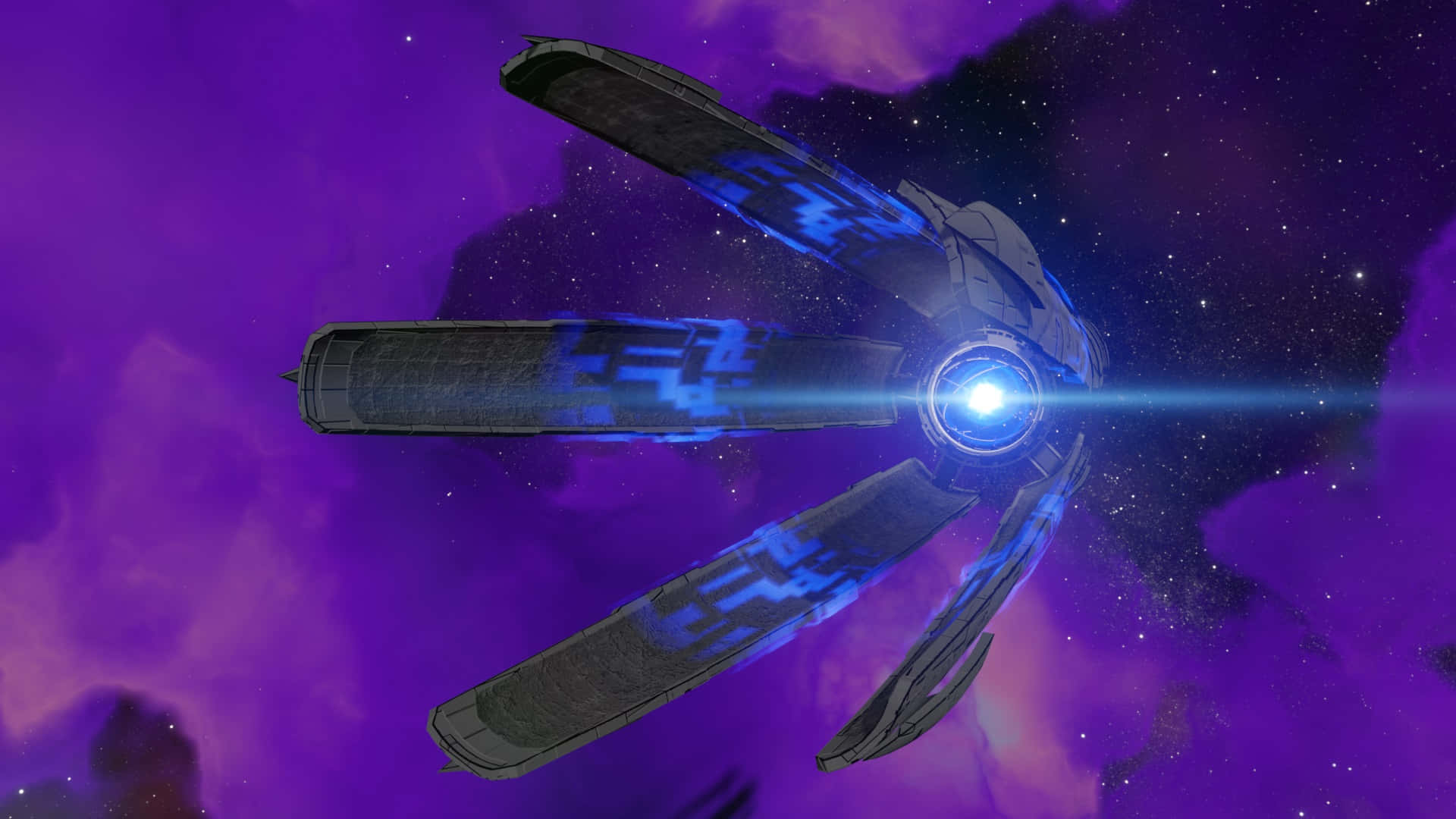 Mass Effect Citadel 桌布 壁紙 — 一艘帶有發光藍色引擎的未來太空船，在充滿星星的充滿活力的紫色星雲中疾馳。