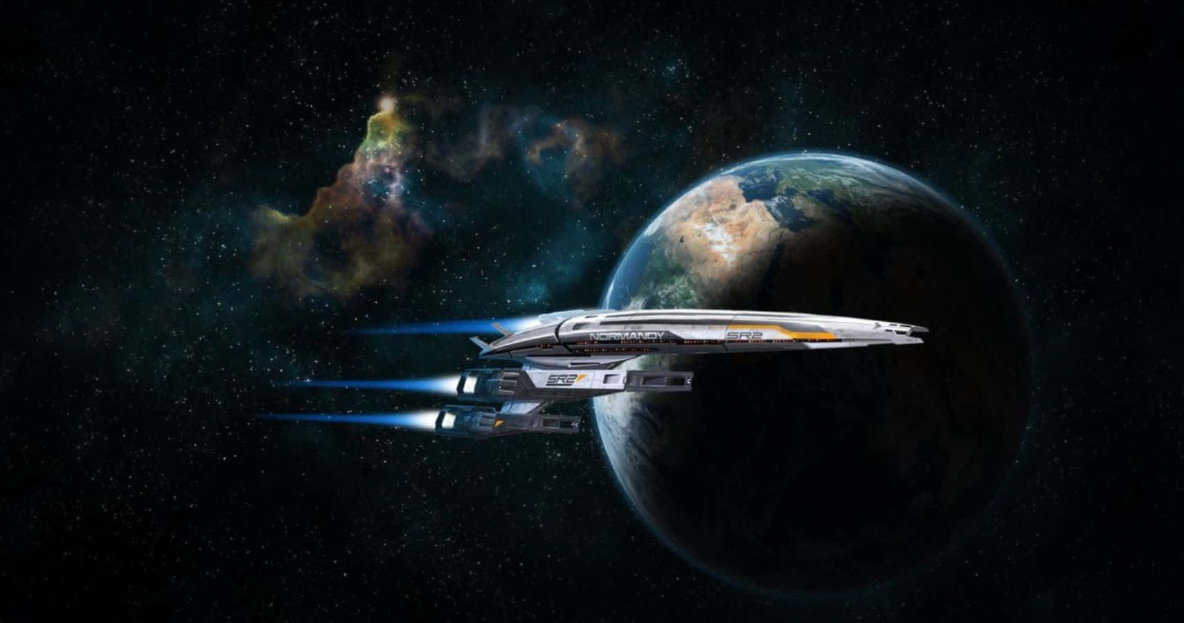 Mass Effect 2 桌布 壁紙 — 一艘帶有藍色推進器的時尚銀色太空船，在佈滿星斗的宇宙背景和色彩繽紛的星雲中，飛過一顆藍綠色的行星。