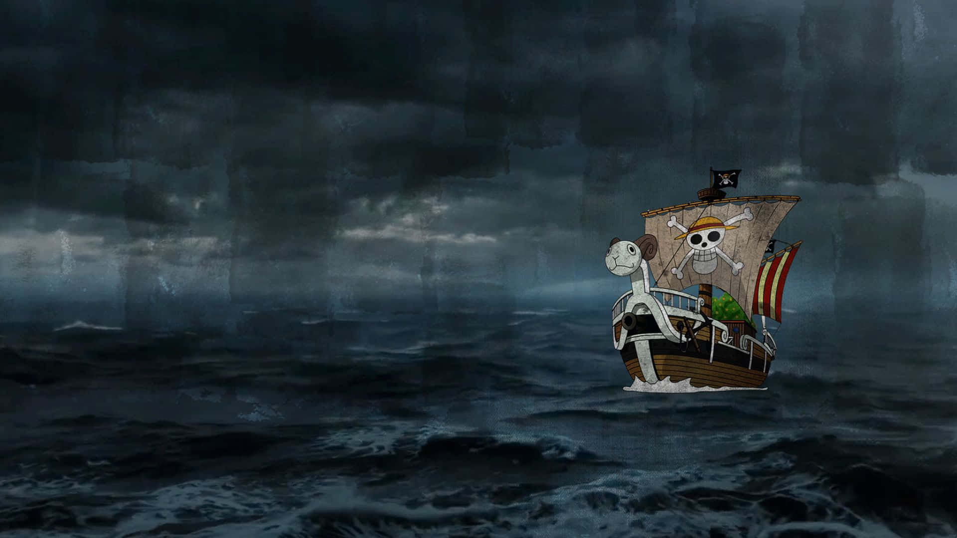 Going Merry 桌布 壁紙 — 一艘帶有骷髏旗的卡通海盜船在烏雲密佈的暴風雨中與黑暗的大海搏鬥。