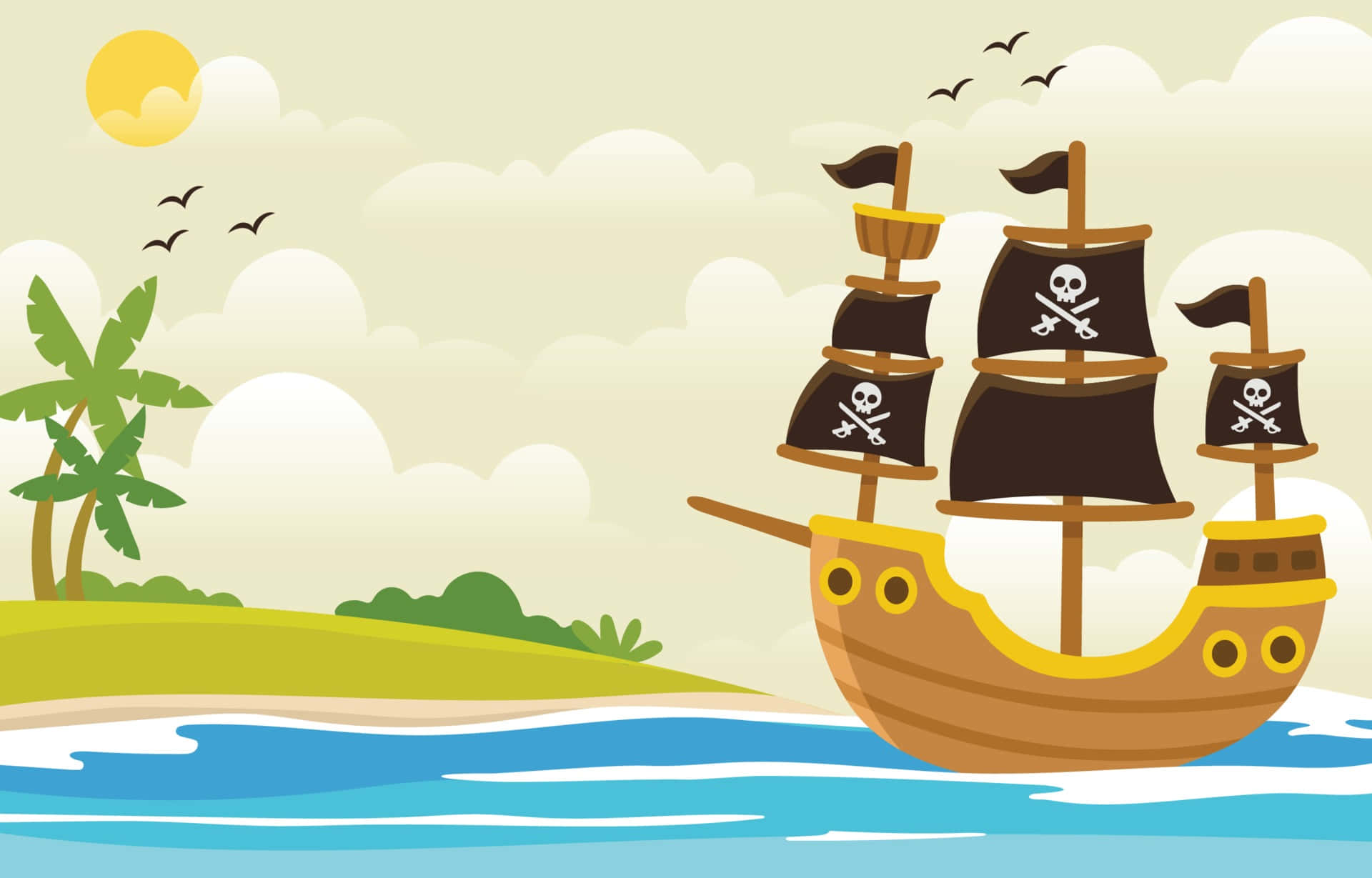 Pirate Ship 桌布 壁紙 — 一艘帶有骷髏旗的卡通海盜船在陽光明媚的天空下，鳥兒飛翔，駛過一個熱帶島嶼。