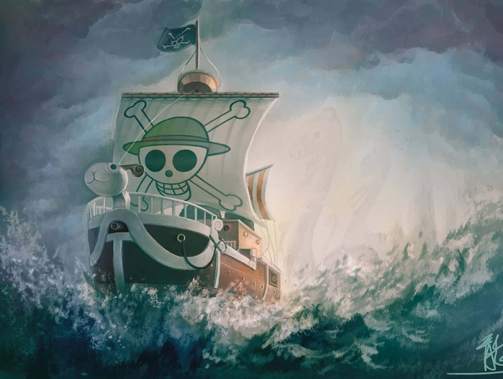 Thousand Sunny 桌布 壁紙 — 一艘帶有骷髏頭和交叉骨旗幟的海盜船在暴風雨的天空下與滔天巨浪搏鬥。