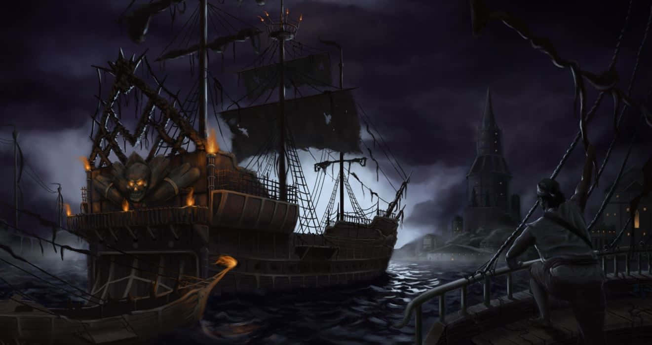 Pirate Ship 桌布 壁紙 — 一艘幽靈海盜船，有著發光的眼睛和破爛的帆，在暴風雨的夜晚水域中隱現，靠近一座哥德式塔樓。