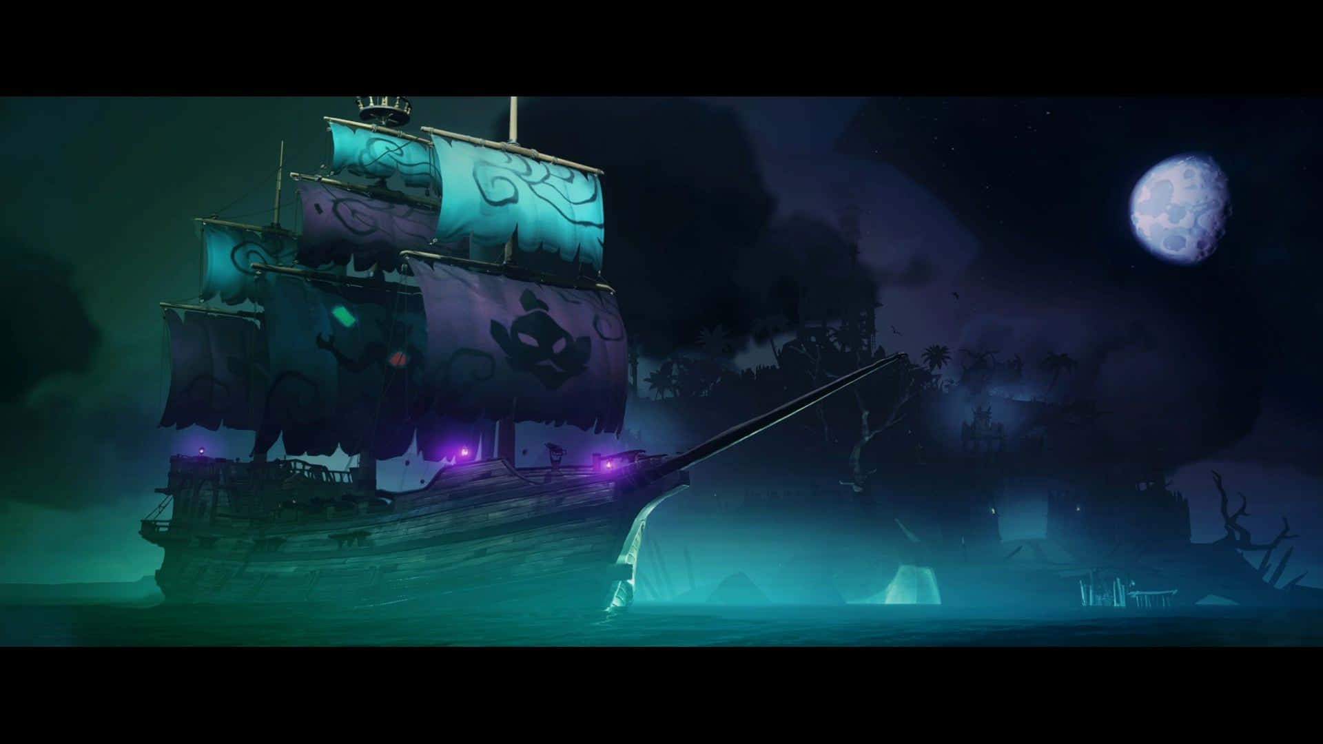 Sea Of Thieves 桌布 壁紙 — 一艘幽靈海盜船，閃爍著紫色光芒的帆，在滿月下航行於陰森的青綠色水域，靠近一個鬧鬼的島嶼。