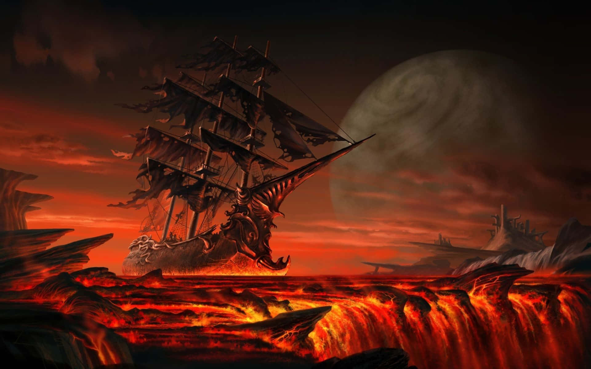 Pirate Ship 桌布 壁紙 — 一艘幽靈海盜船在血紅色的天空和逼近的月亮下，航行在熾熱的熔岩海上。