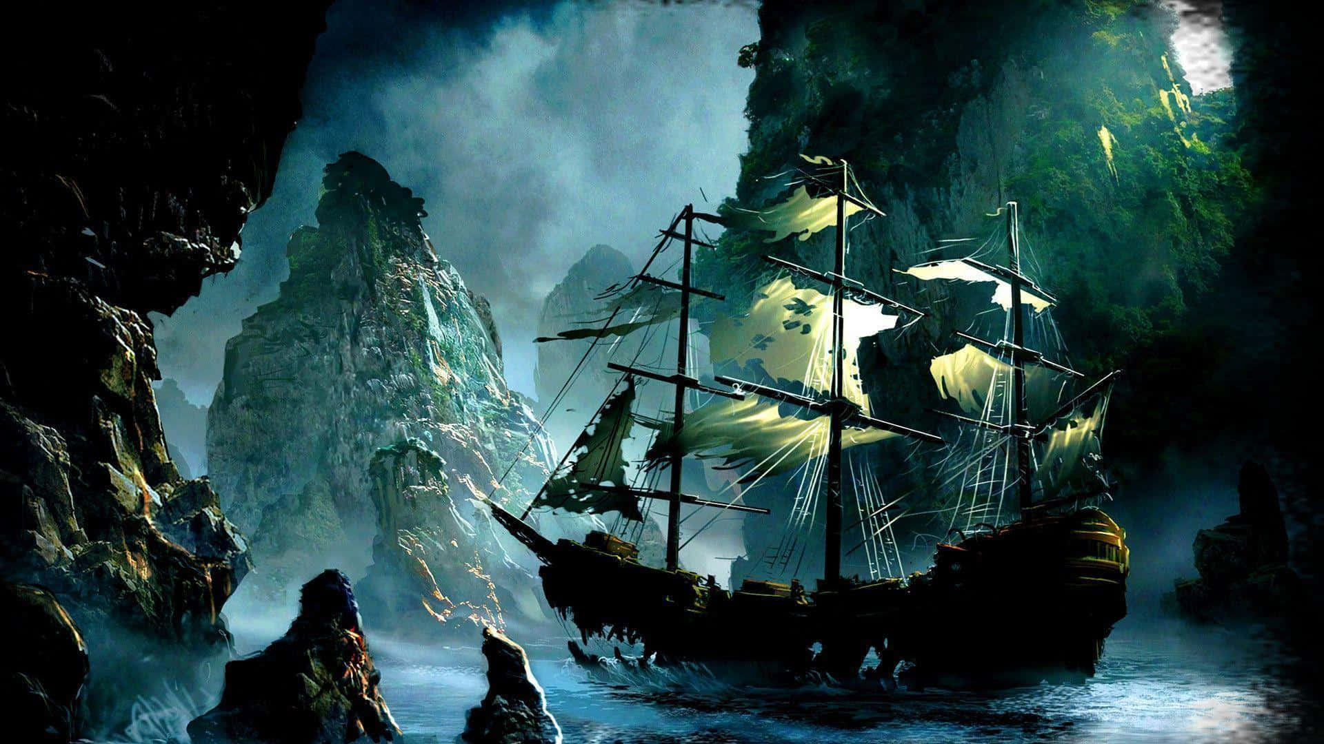 Pirate Ship 桌布 壁紙 — 一艘幽靈海盜船在陰沉天空下，穿過被高聳懸崖環繞的迷霧海峽。