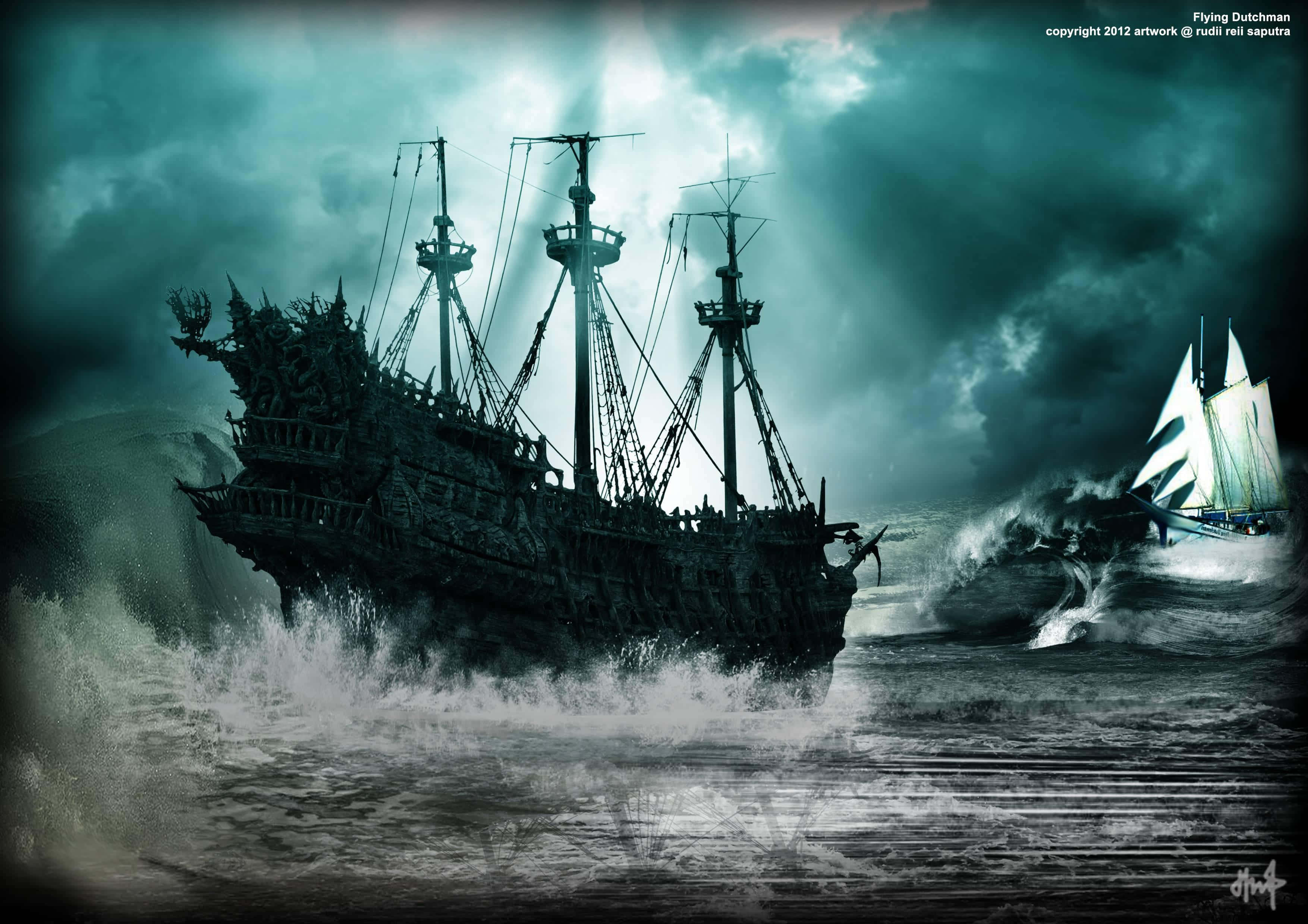 Pirates Of The Caribbean 桌布 壁紙 — 一艘幽靈海盜船在風暴般的藍綠色水域中航行，背景中有一艘較小的帆船正在逃離。