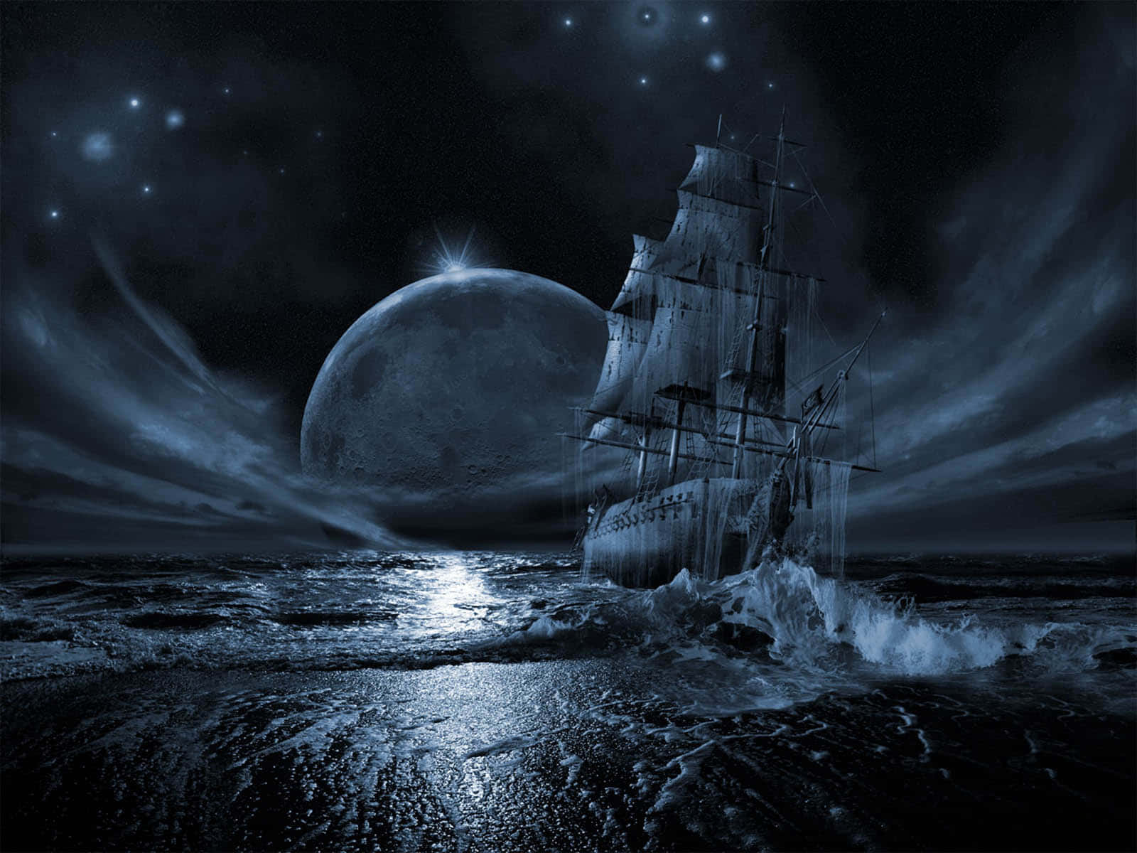 Ship 桌布 壁紙 — 一艘幽靈船在暴風雨的海上航行，頭頂是巨大的發光月亮和滿天繁星的夜空。