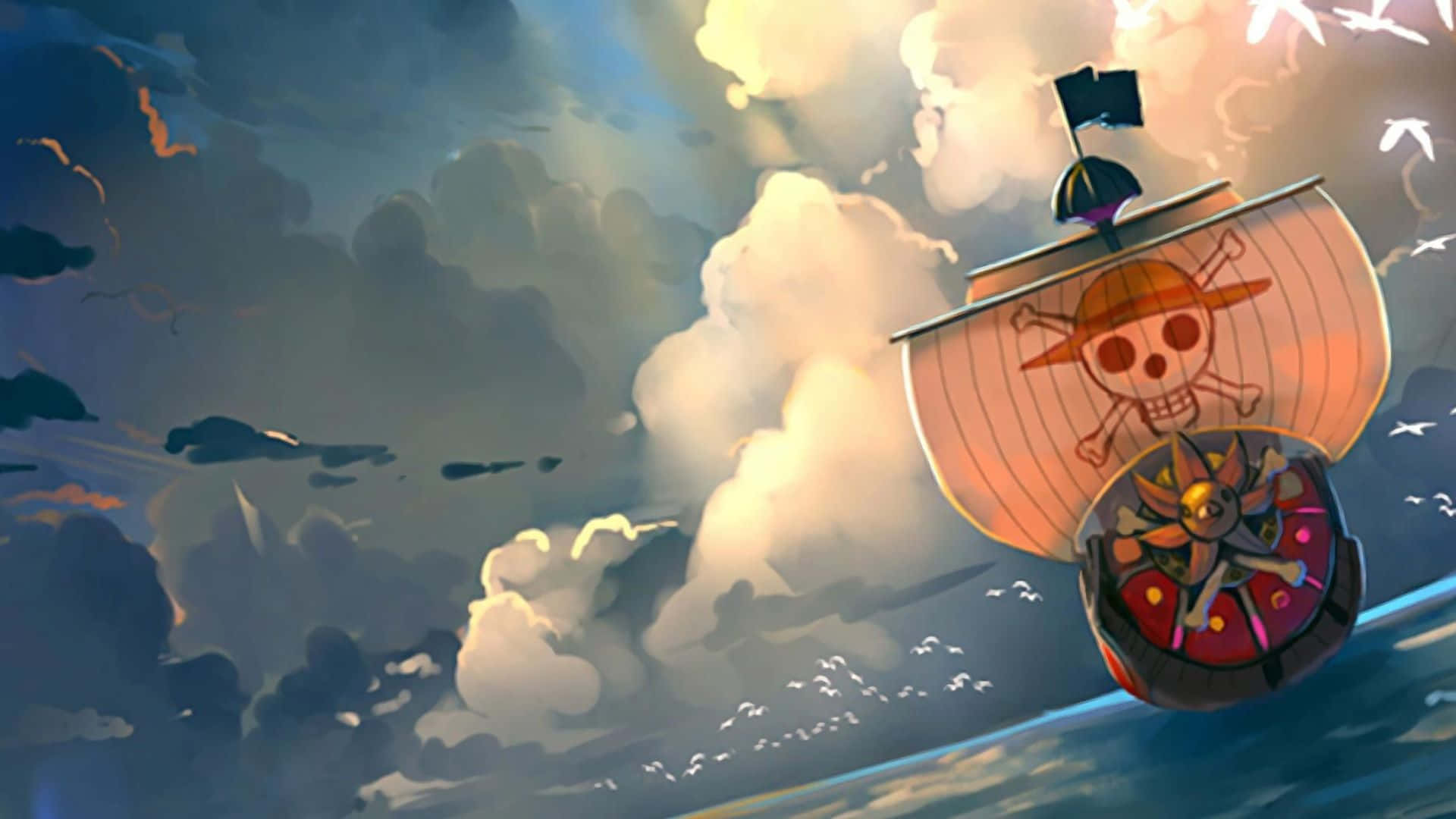 Going Merry 桌布 壁紙 — 一艘掛著骷髏旗的海盜船在日落時分穿過戲劇性的雲層航行，下方有鳥兒飛翔。