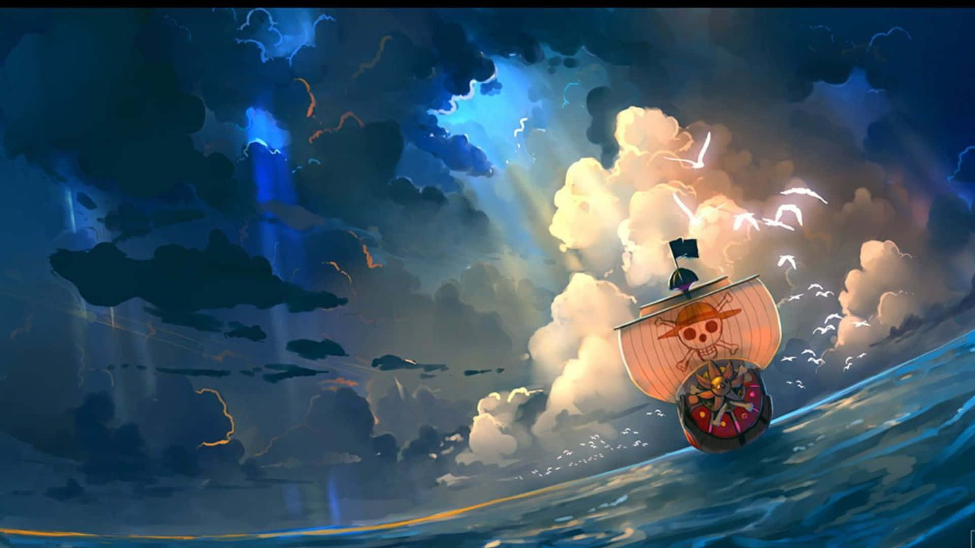 Going Merry 桌布 壁紙 — 一艘掛著骷髏旗的海盜船在閃電和陽光交織的戲劇性天空下，航行於波濤洶湧的大海。