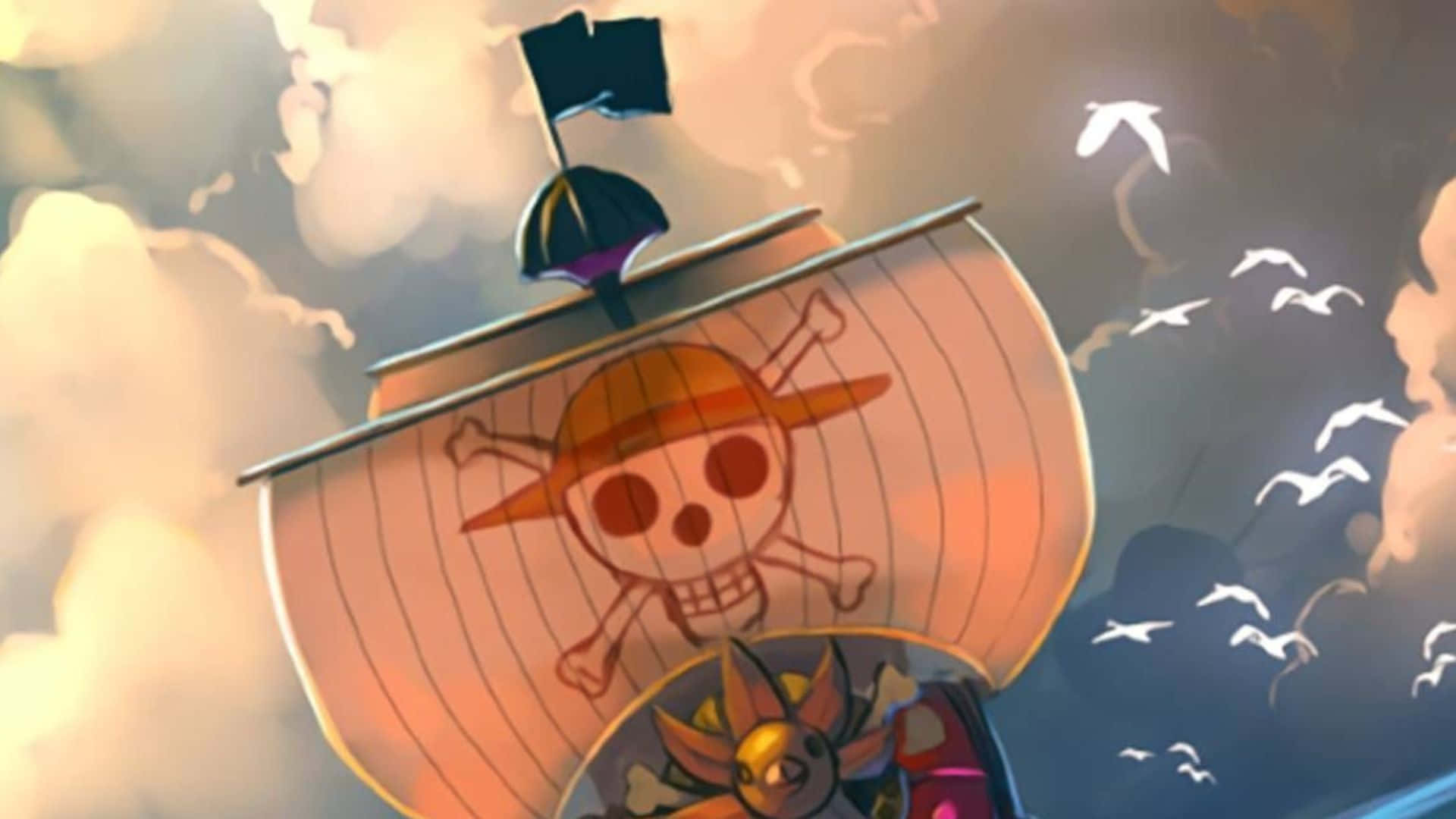 Going Merry 桌布 壁紙 — 一艘掛著骷髏旗的海盜船在鳥兒飛翔的多雲天空中航行。