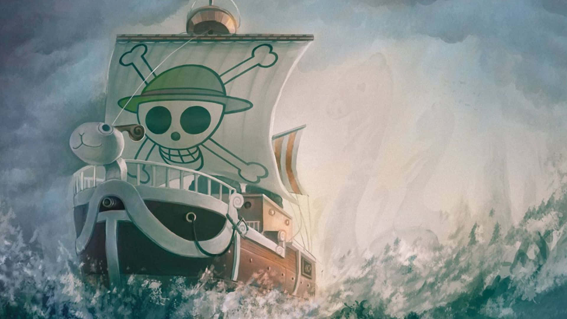 Going Merry 桌布 壁紙 — 一艘掛著骷髏頭和交叉骨旗幟的海盜船，在陰天之下航行於波濤洶湧的海洋中。