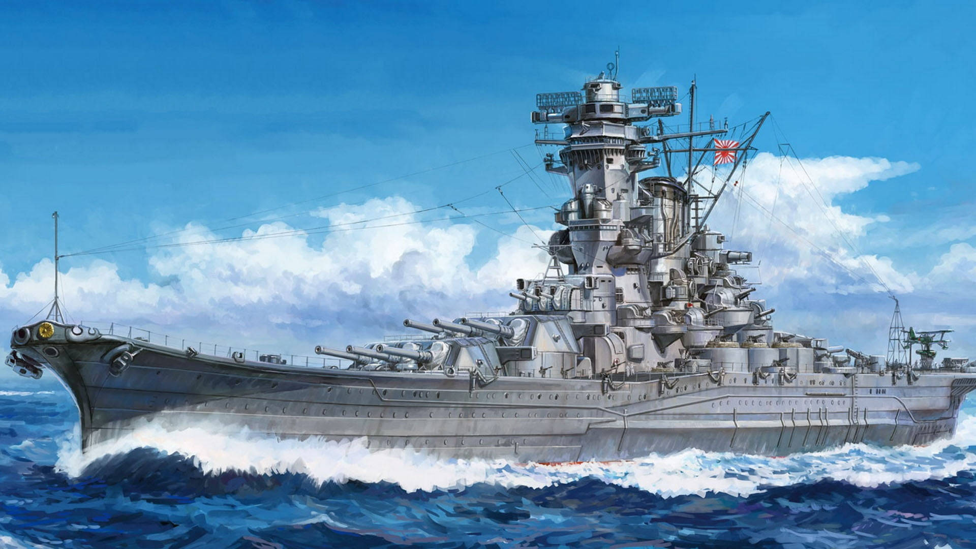 Cool Japanese 桌布 壁紙 — 一艘擁有多個炮塔的巨大戰艦，在晴朗的天空下，伴隨著蓬鬆的白雲，破浪前行於波濤洶湧的藍色海面上。