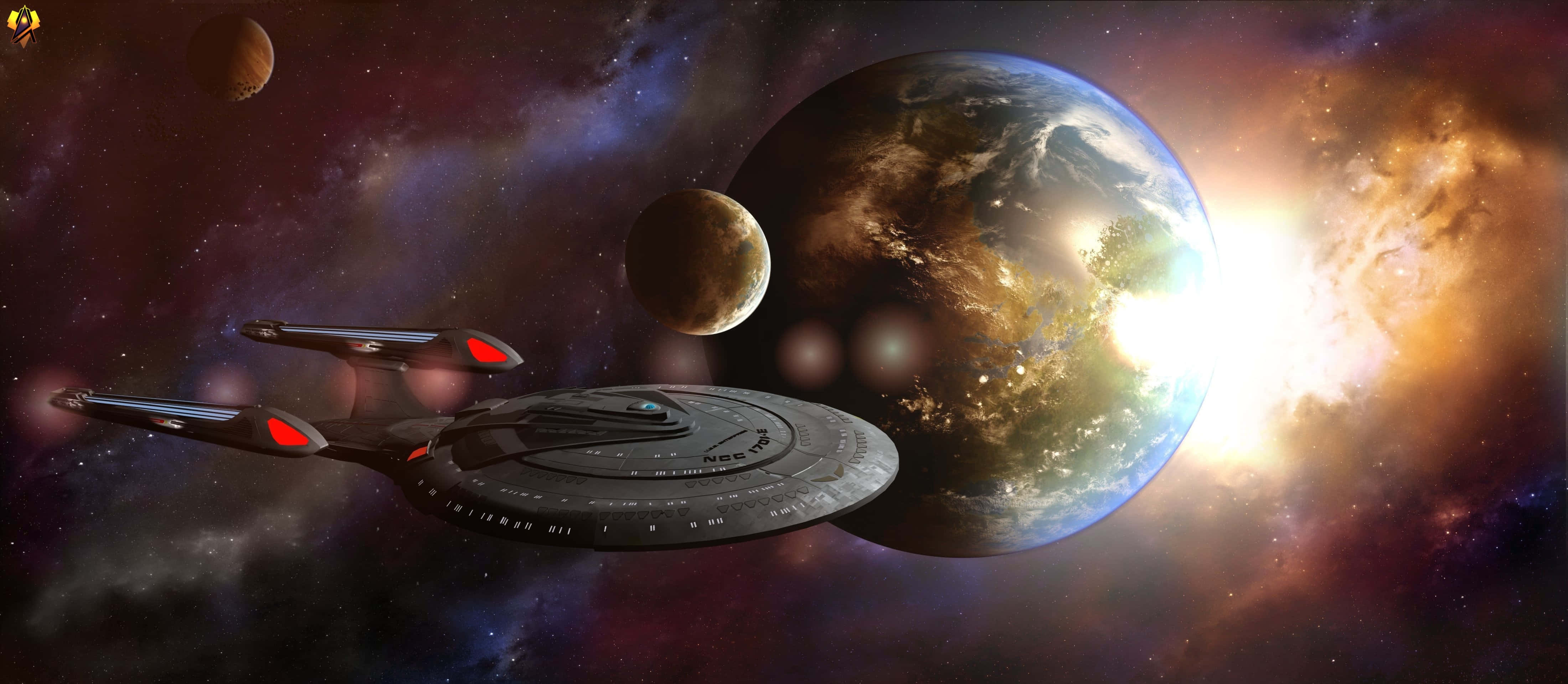 Space Exploration 桌布 壁紙 — 一艘星艦在宇宙星雲背景下掠過一顆充滿活力的行星和衛星。