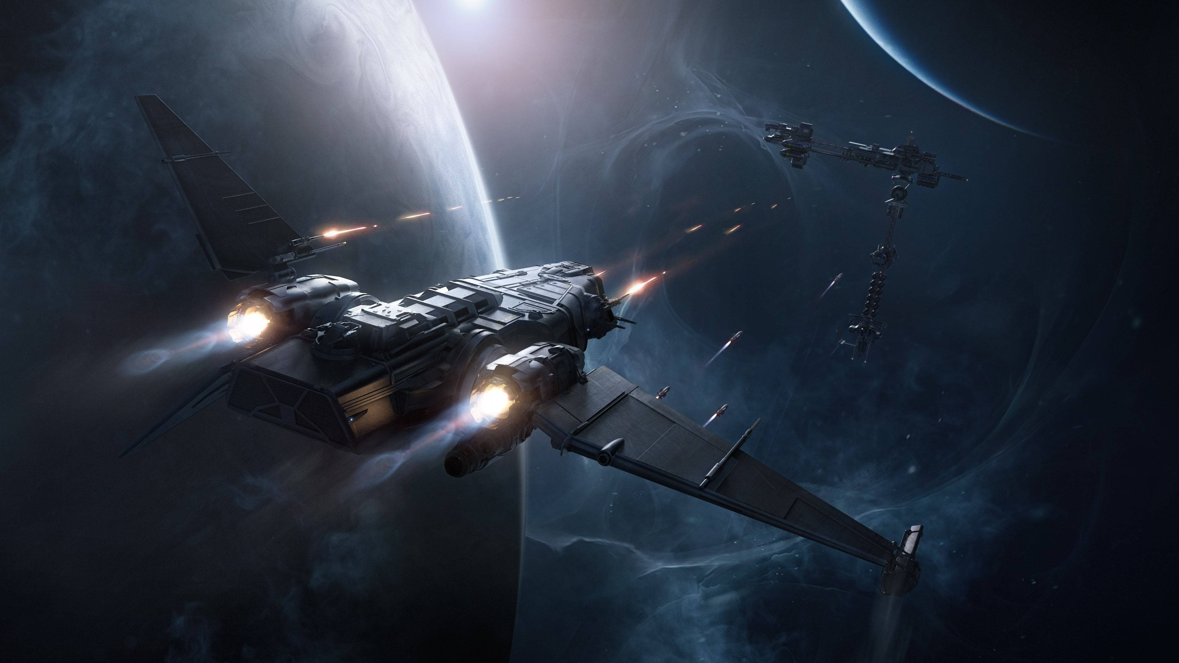 Star Citizen Drake Corsair 壁紙 — 一艘時尚的太空船，帶有發光的引擎，在行星和太空站附近的宇宙空間中疾馳。
