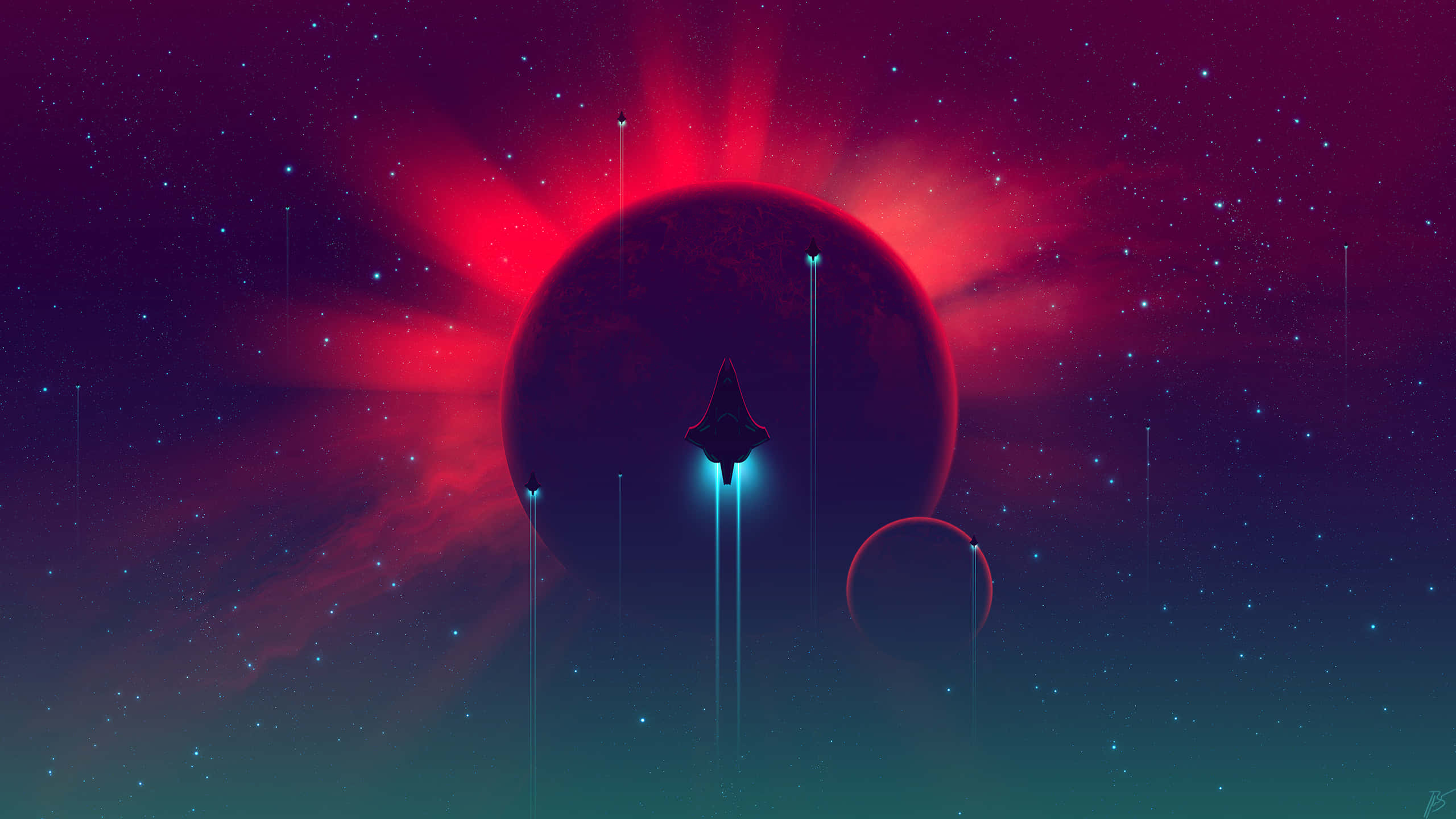 太空船 桌布 壁紙 — 一艘時尚的太空船在星光燦爛的宇宙背景下，帶著霓虹光跡飛向一顆發光的紅色行星。