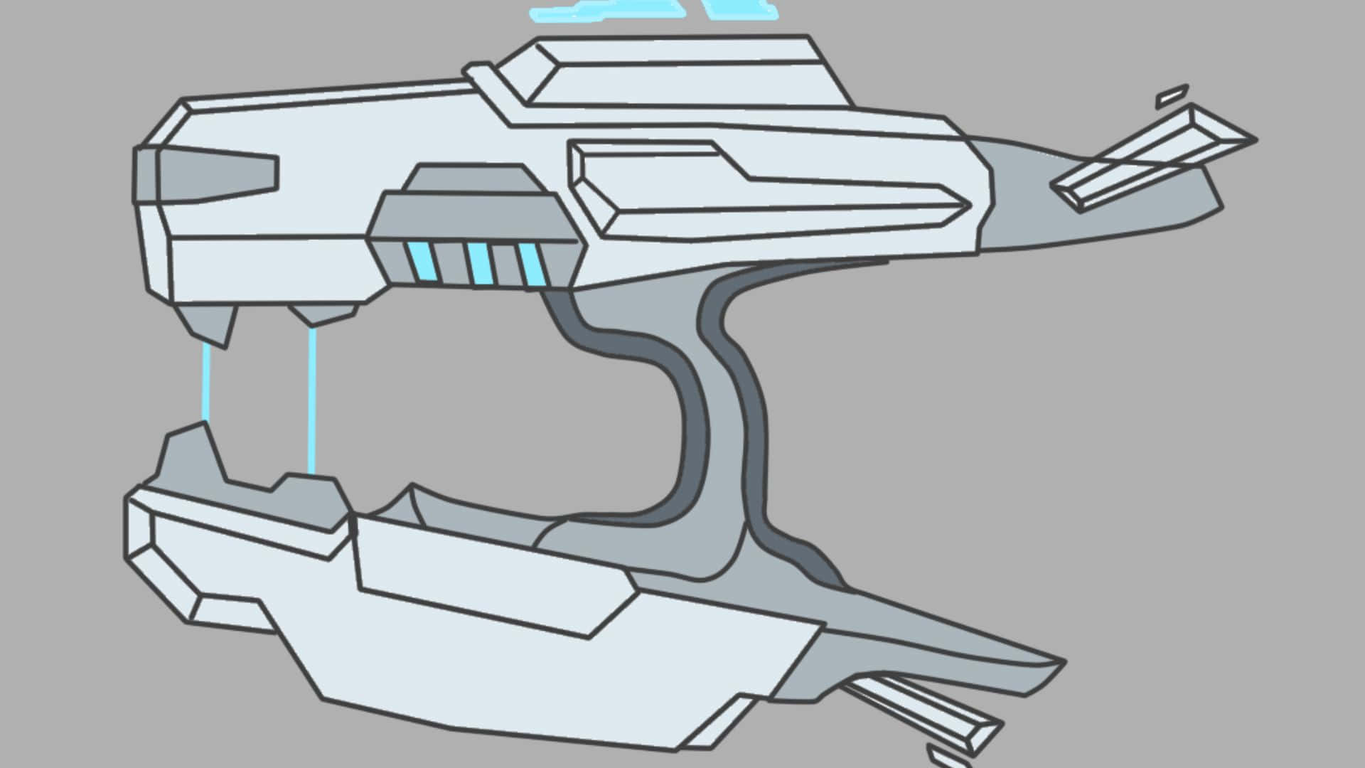 Plasma Rifle 桌布 壁紙 — 一艘時尚的未來主義太空船，帶有發光的藍色點綴和棱角設計，漂浮在純灰色背景上。