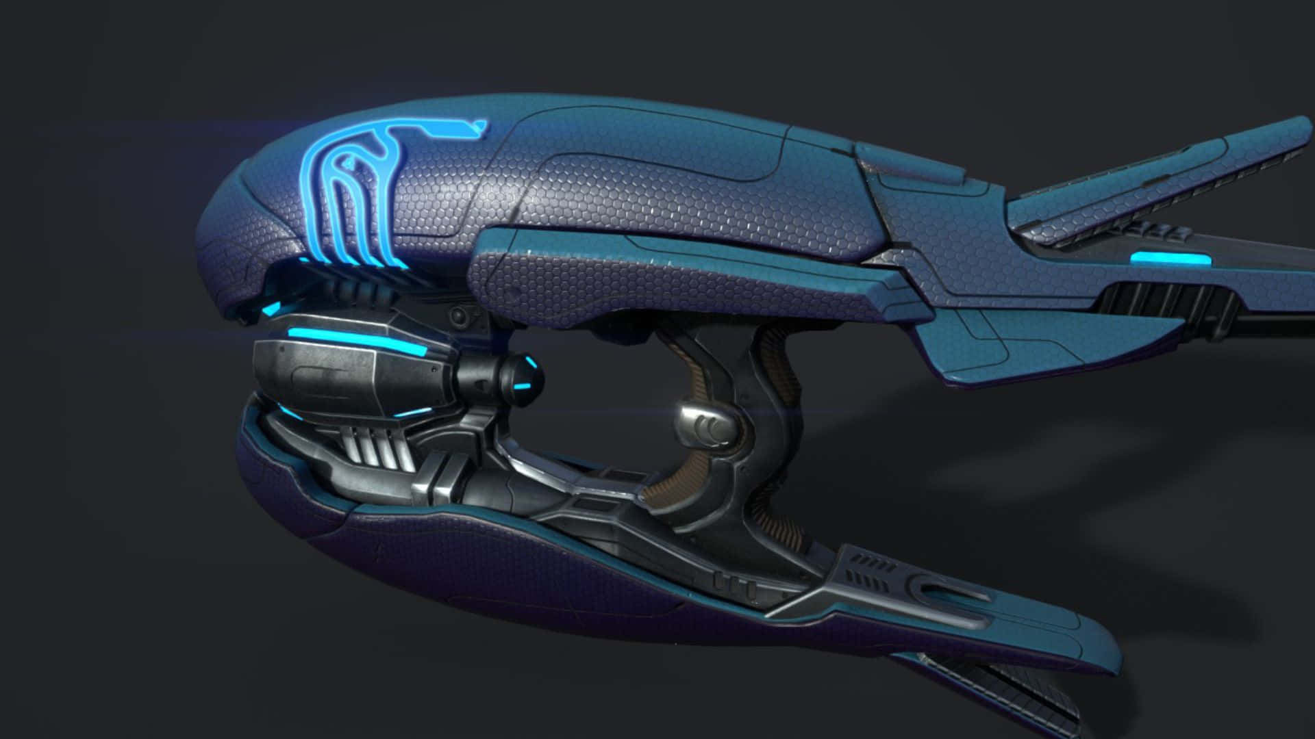 Plasma Rifle 桌布 壁紙 — 一艘時尚的未來太空船，帶有發光的藍色點綴和紋理深藍色船體，背景為黑色。