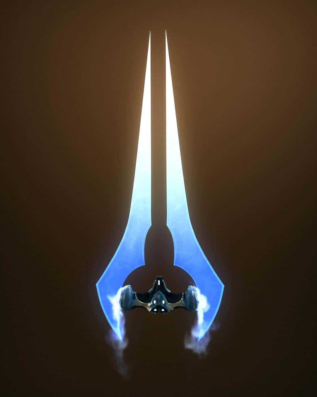 Halo Energy Sword 桌布 壁紙 — 一艘時尚的未來太空船，帶有發光的藍色引擎，在深棕色背景下垂直上升。