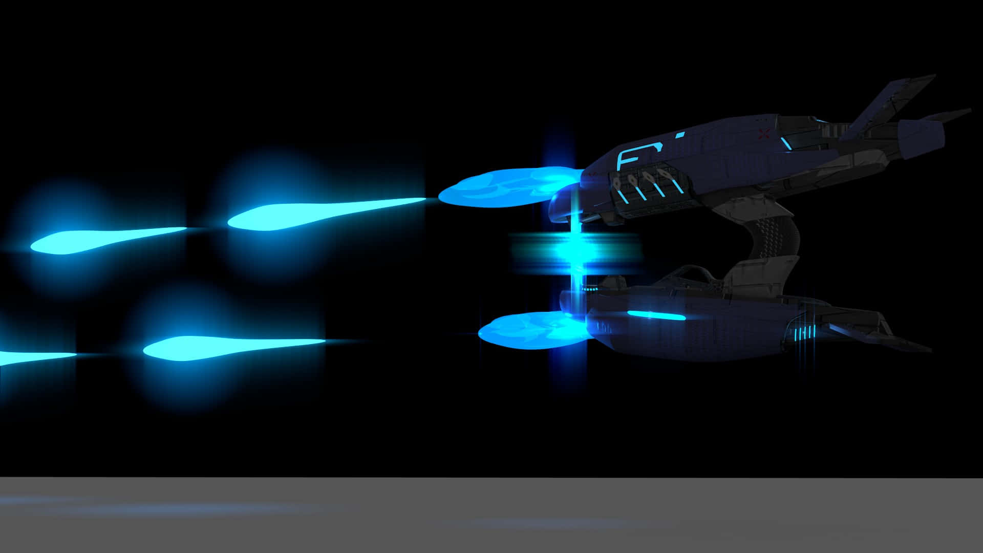Plasma Rifle 桌布 壁紙 — 一艘時尚的未來太空船，配備發光藍色引擎，衝破黑暗，留下一道明亮的藍色排氣尾跡。