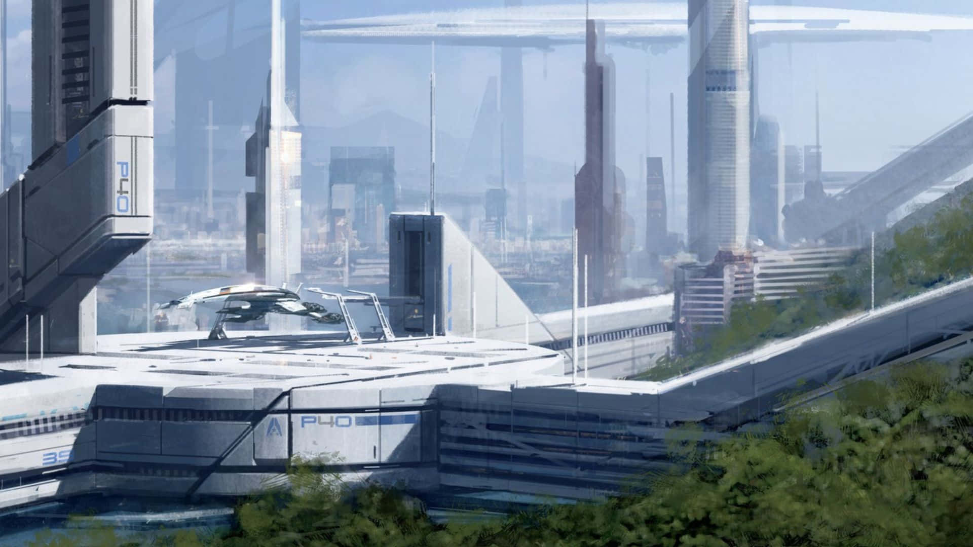 Mass Effect Citadel 桌布 壁紙 — 一艘時尚的未來太空船停放在金屬平台上，周圍是高聳的摩天大樓和茂密的綠色植物，天空朦朧。