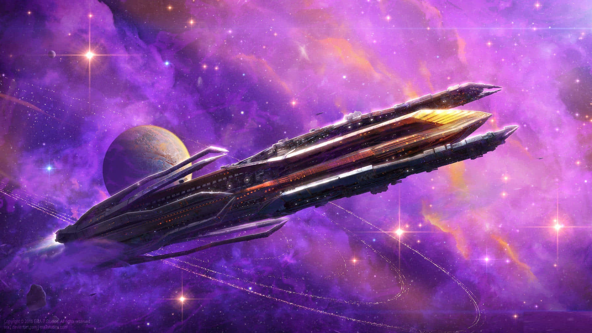 太空船 桌布 壁紙 — 一艘時尚的未來太空船在充滿活力的紫色星雲中滑行，星雲中點綴著閃爍的星星和一顆遙遠的行星。