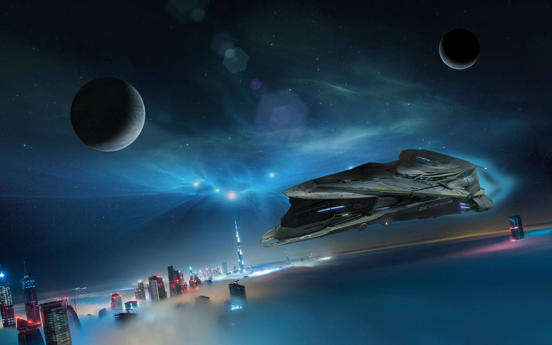 Star Citizen Spotlight 壁紙 — 一艘時尚的未來太空船在星空下，有兩個月亮和宇宙星雲，滑翔在發光的霓虹城市景觀上。