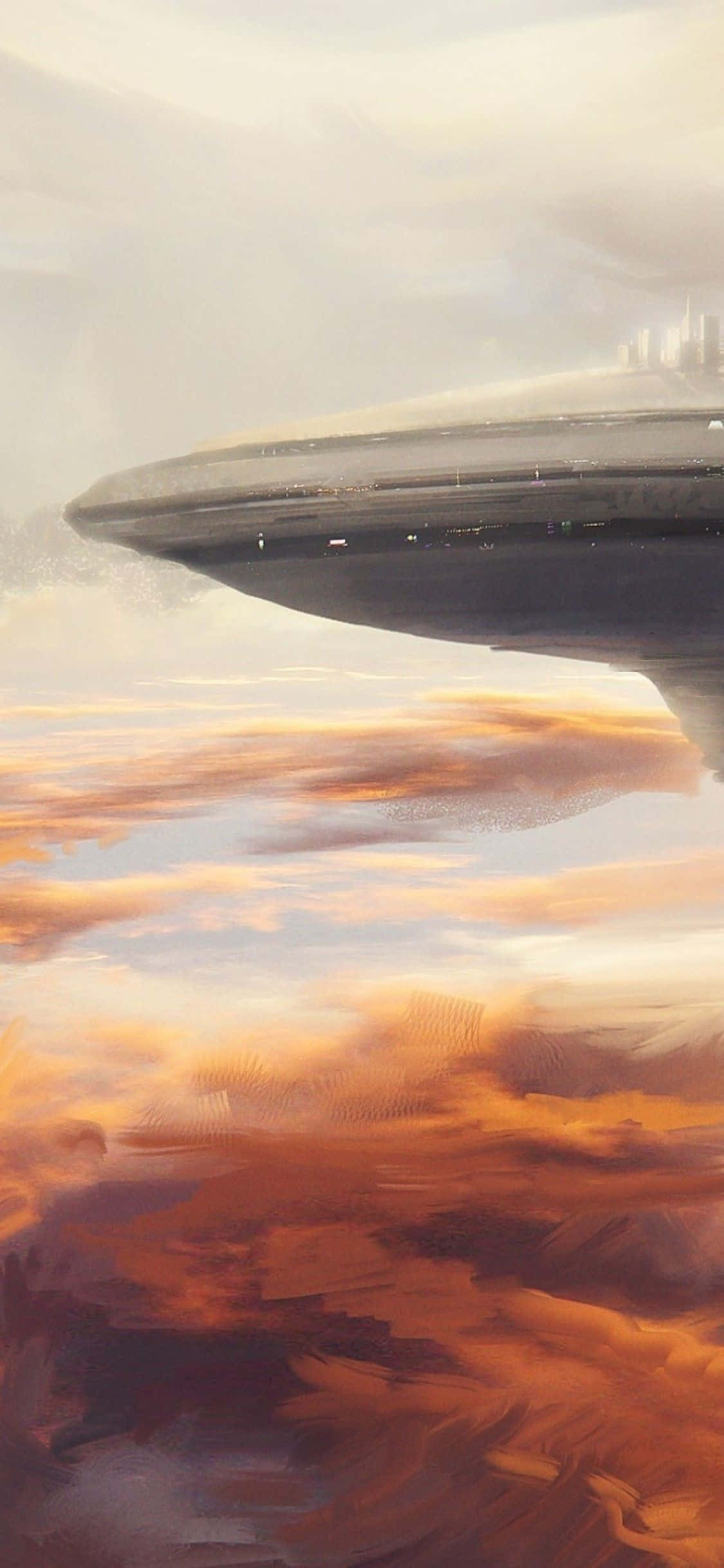 Bespin 桌布 壁紙 — 一艘時尚的未來太空船在朦朧的天空下，滑翔在熾熱的橙色和金色外星景觀之上。