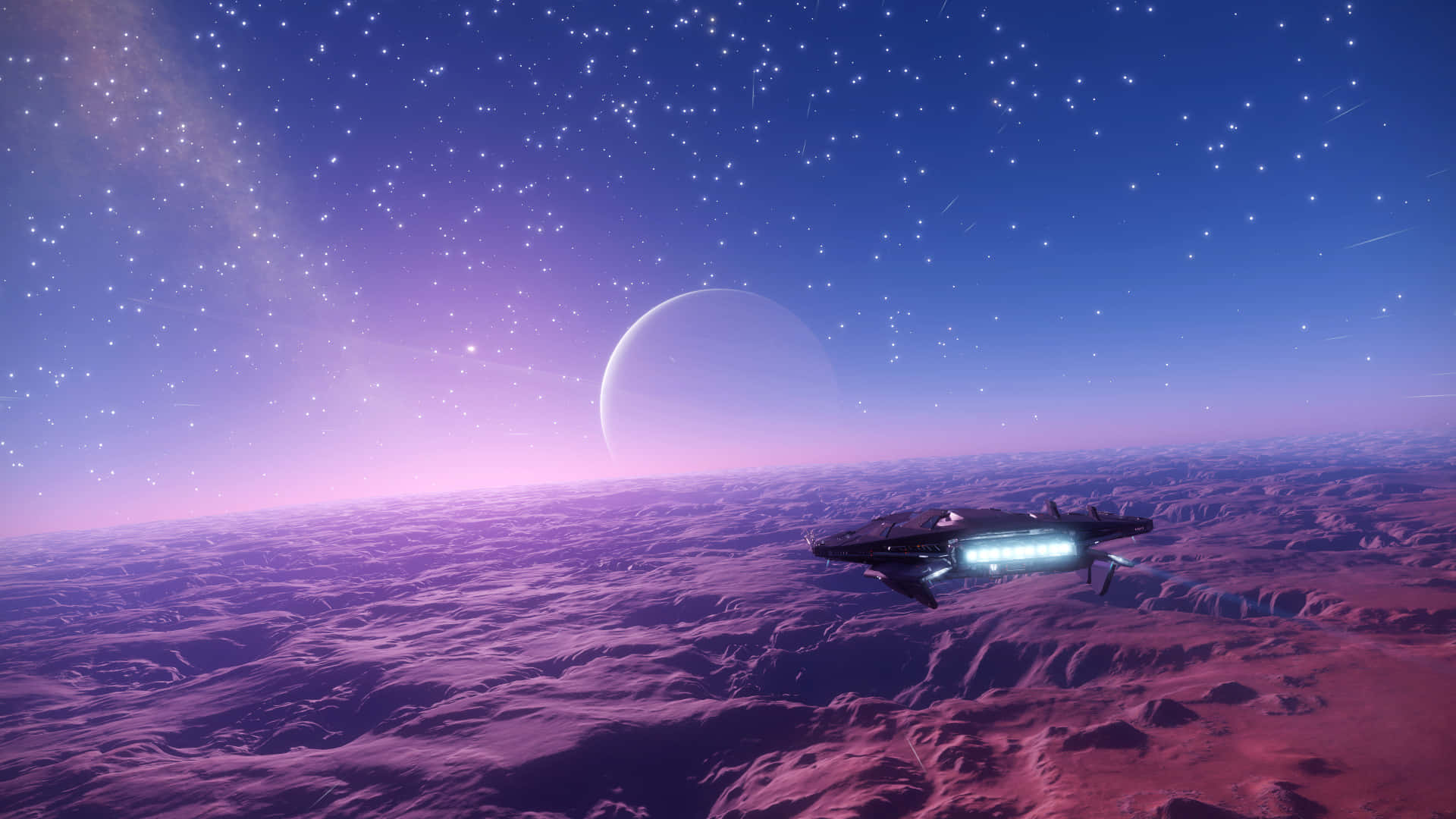 Interstellar Travel 桌布 壁紙 — 一艘時尚的未來太空船在紫色外星沙漠上空滑翔，背景是繁星點點的暮色天空和一彎新月。