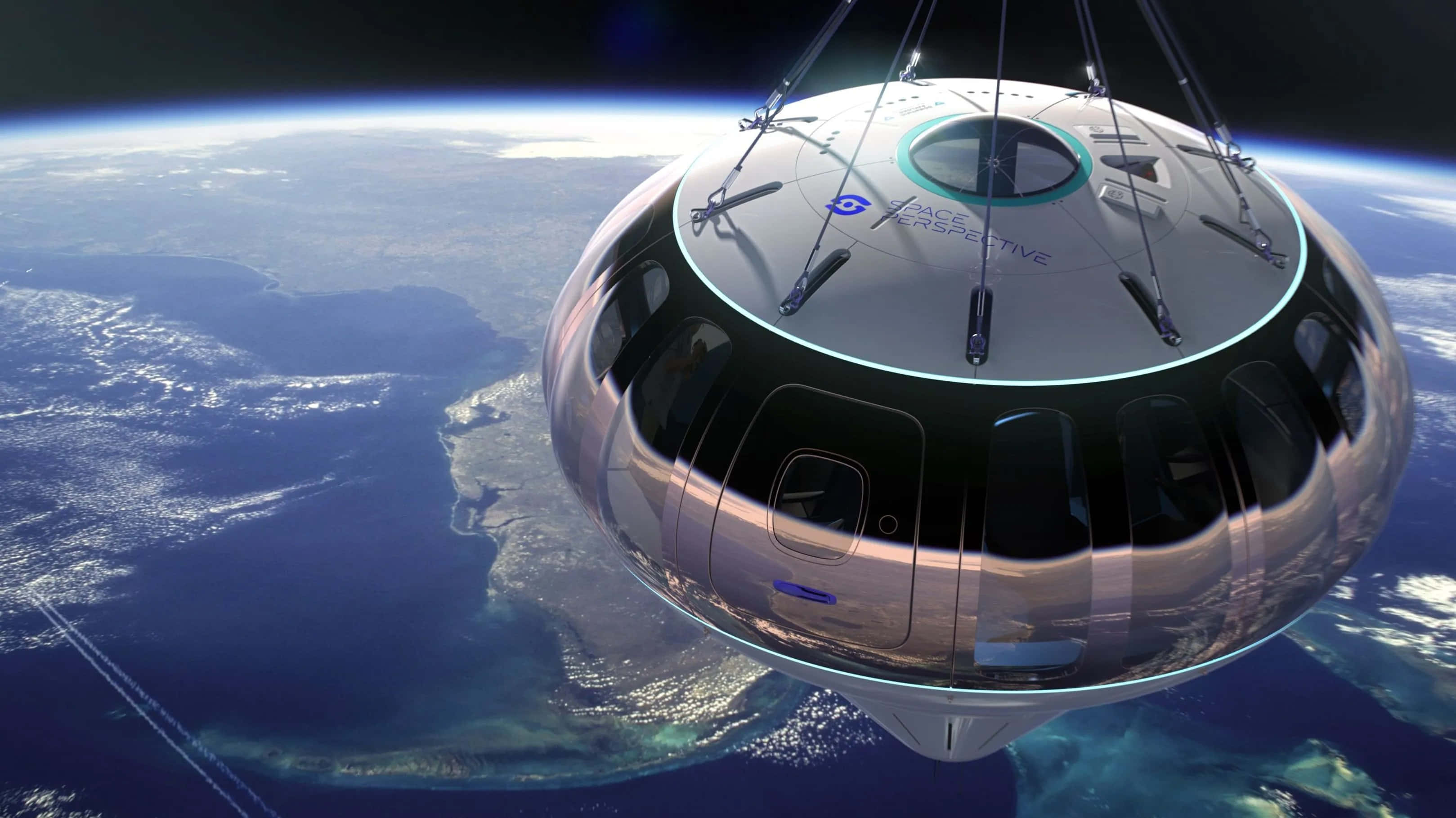 Spaceship 桌布 壁紙 — 一艘時尚的未來太空艙在繁星點點的黑夜下，懸浮在地球的藍色海洋和陸地上空。