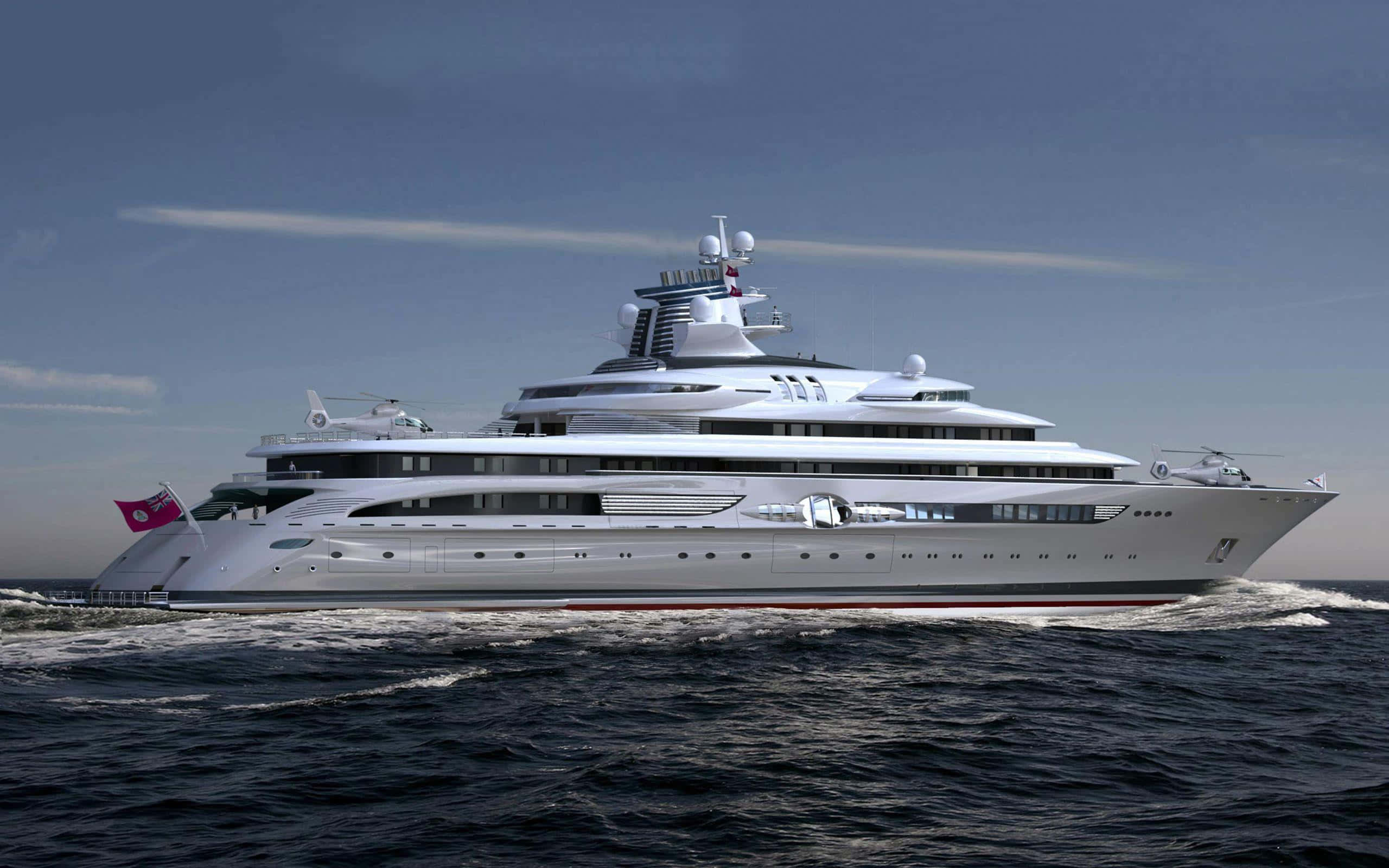 Yacht 桌布 壁紙 — 一艘時尚的白色豪華遊艇在晴朗的天空下，劃過波濤洶湧的藍色海水，遠方是地平線。