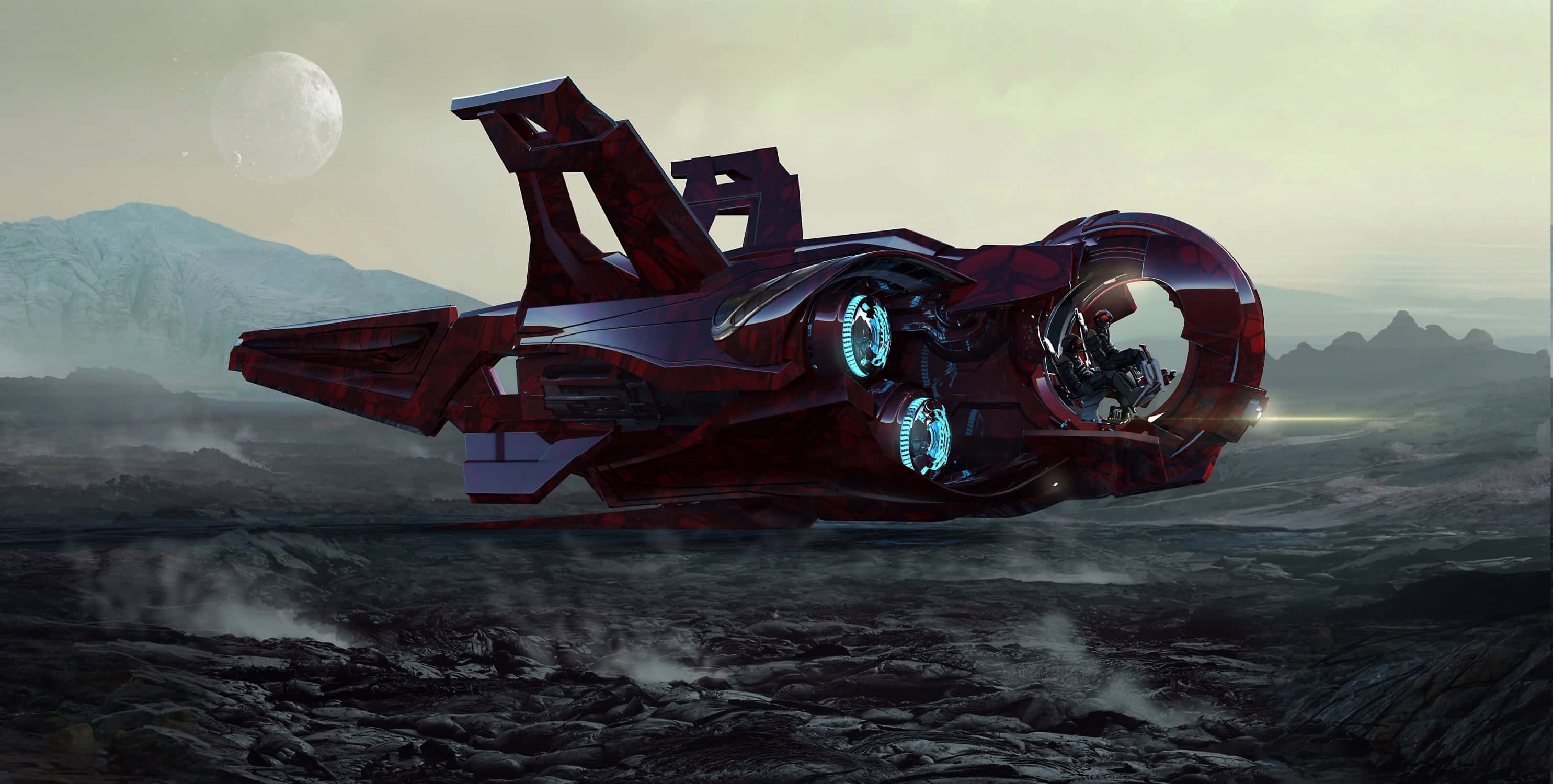 Spacecraft 桌布 壁紙 — 一艘時尚的紅色未來太空船在蒼白的月光天空下盤旋在崎嶇的外星景觀之上。