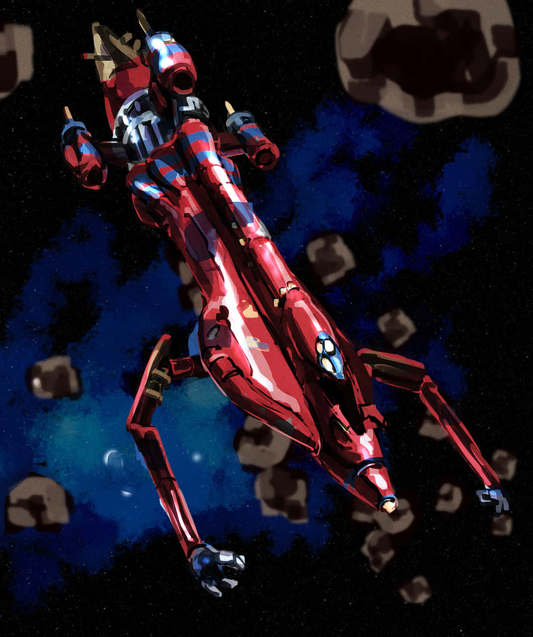 Outlaw Star 桌布 壁紙 — 一艘時尚的紅藍色未來太空船在星際宇宙虛空中航行，周圍漂浮著小行星。