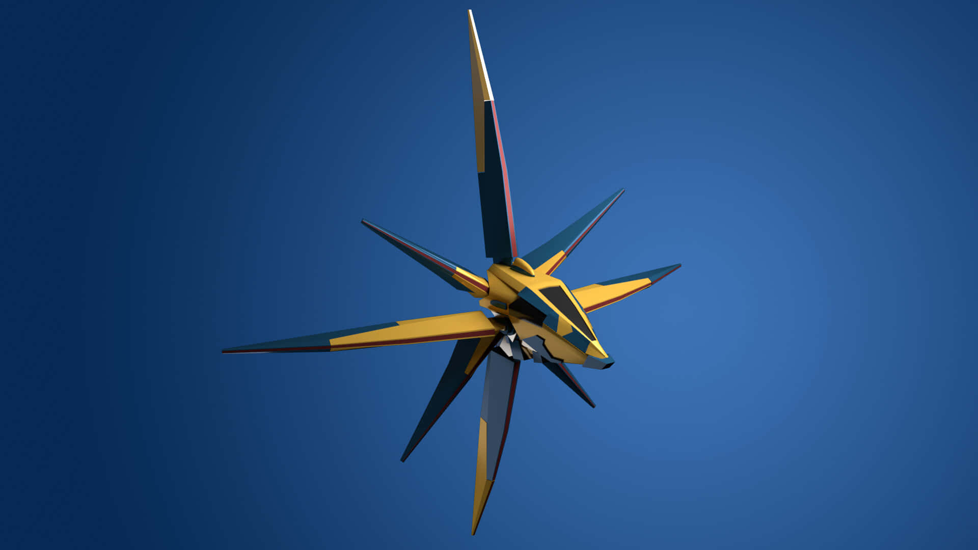 Nova Corps 桌布 壁紙 — 一艘時尚的黃藍色星形太空船在漸變的藍色天空中滑行。