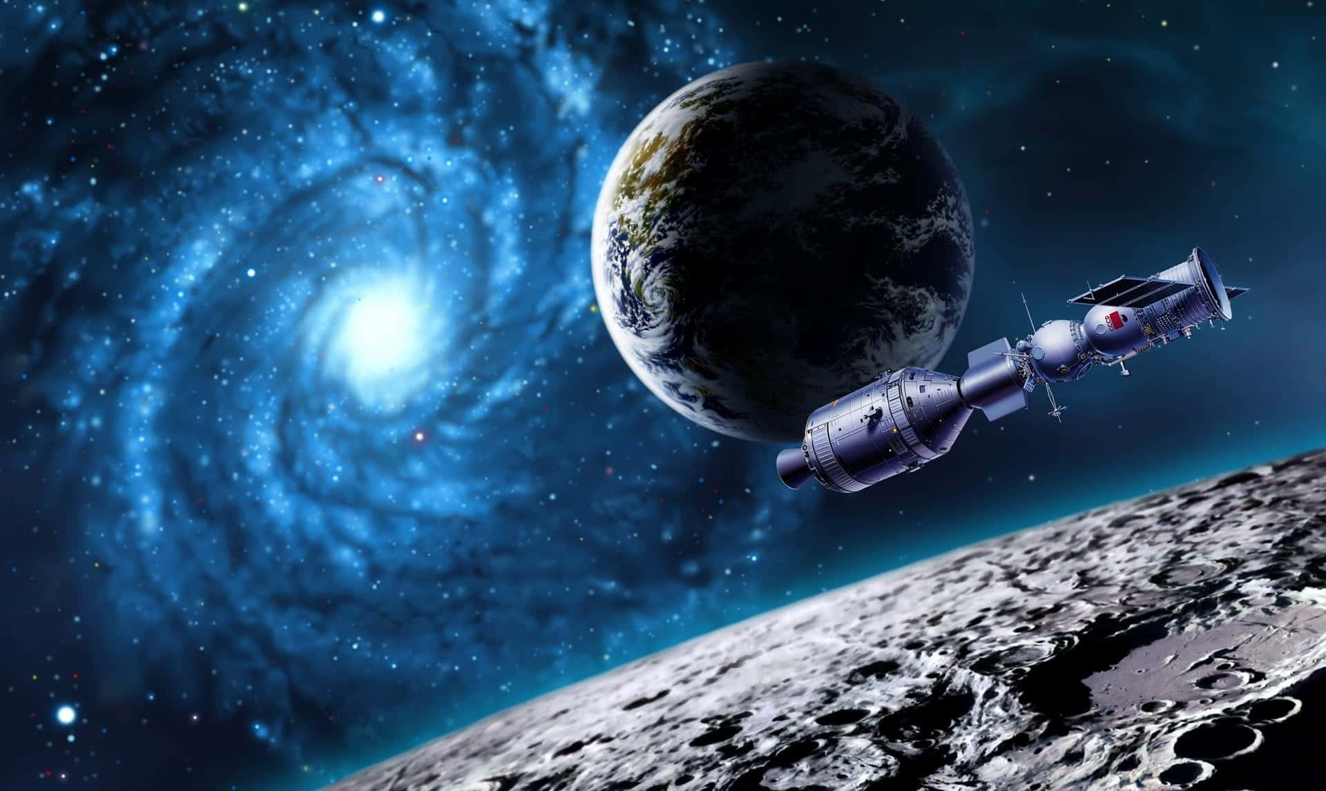 Space Exploration 桌布 壁紙 — 一艘未來主義的太空船繞著月球運行，地球和發光的螺旋星系在宇宙背景中。