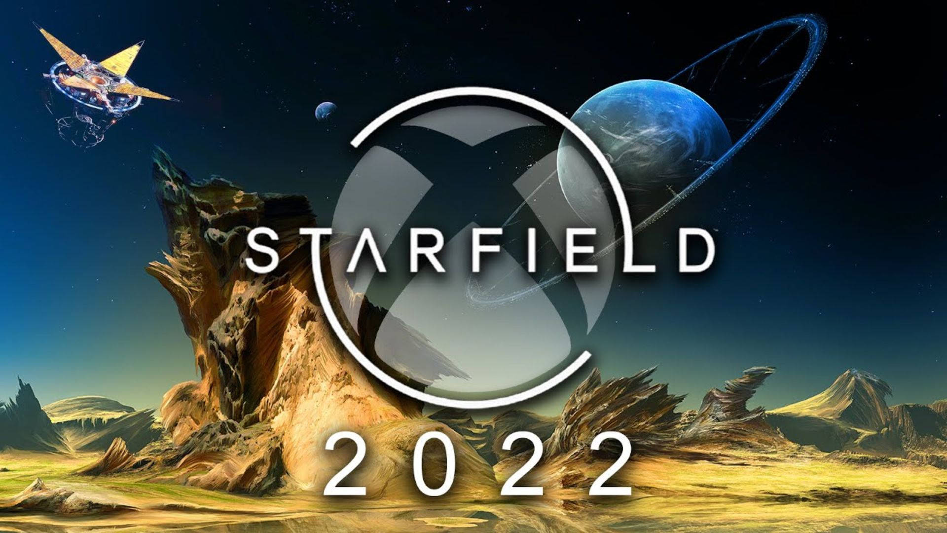 Starfield Xbox 2022 壁紙 — 一艘未來太空船在星空下飛越外星岩石地貌，遠處有藍色行星和環系統。