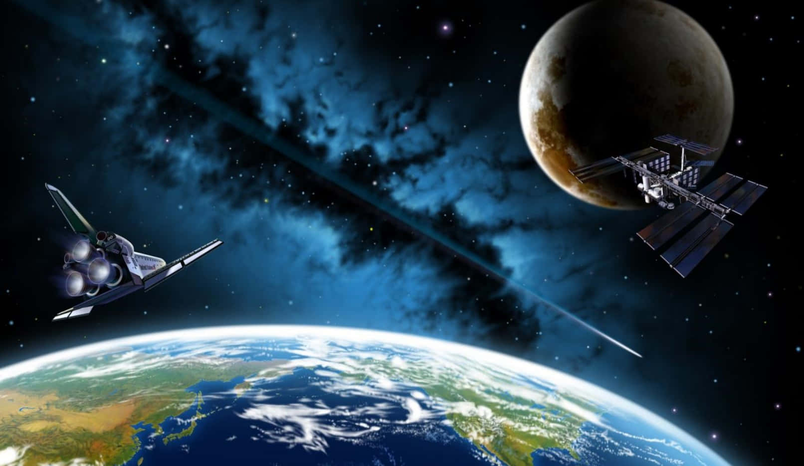 Iss 桌布 壁紙 — 一艘未來太空船飛越地球，太空站繞著遙遠的月球運行，背景是繁星點點的藍色星雲。
