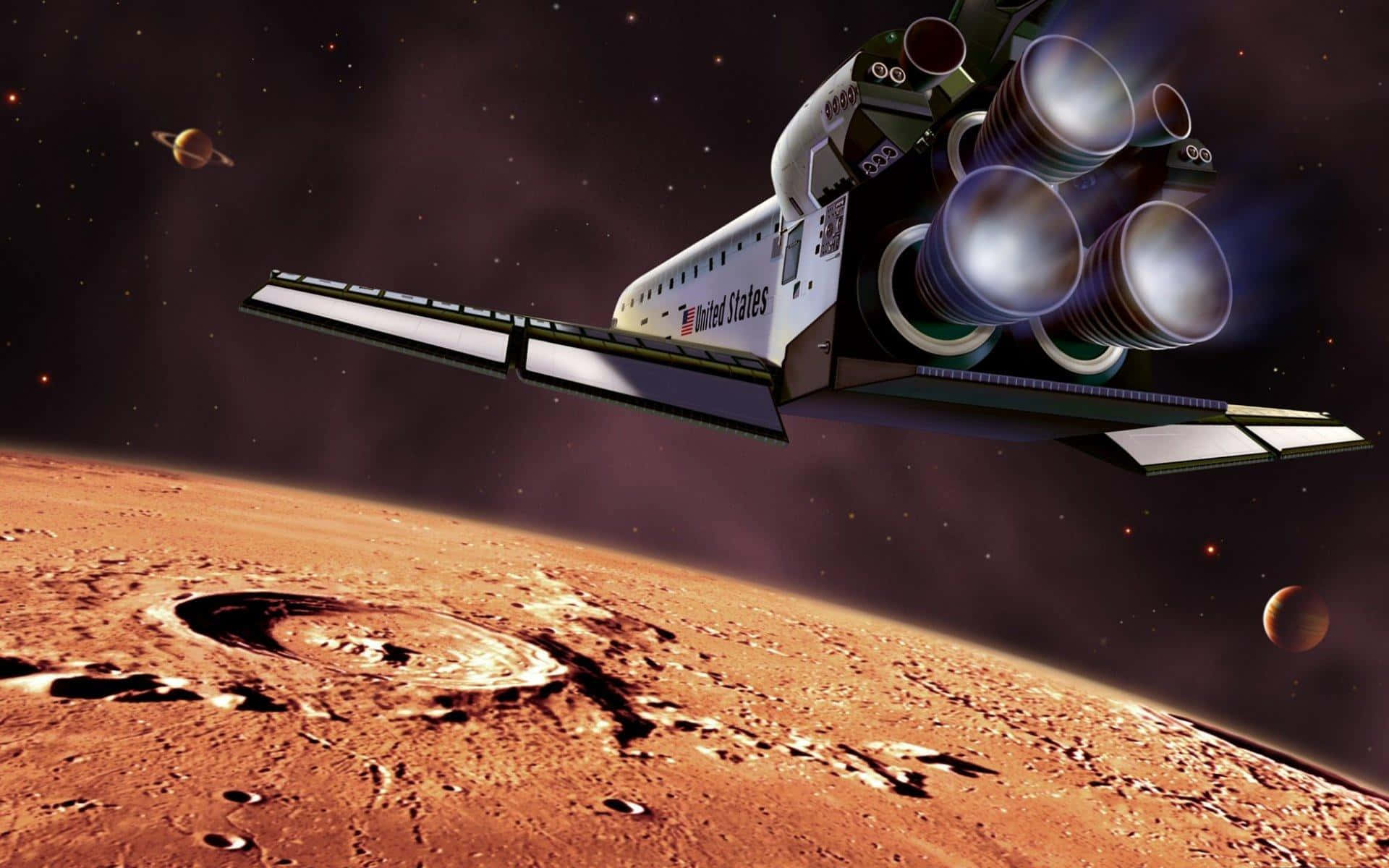 Space Exploration 桌布 壁紙 — 一艘未來風格的太空船，配備發光引擎，飛越火星鏽紅色的表面，星空中有遙遠的土星。