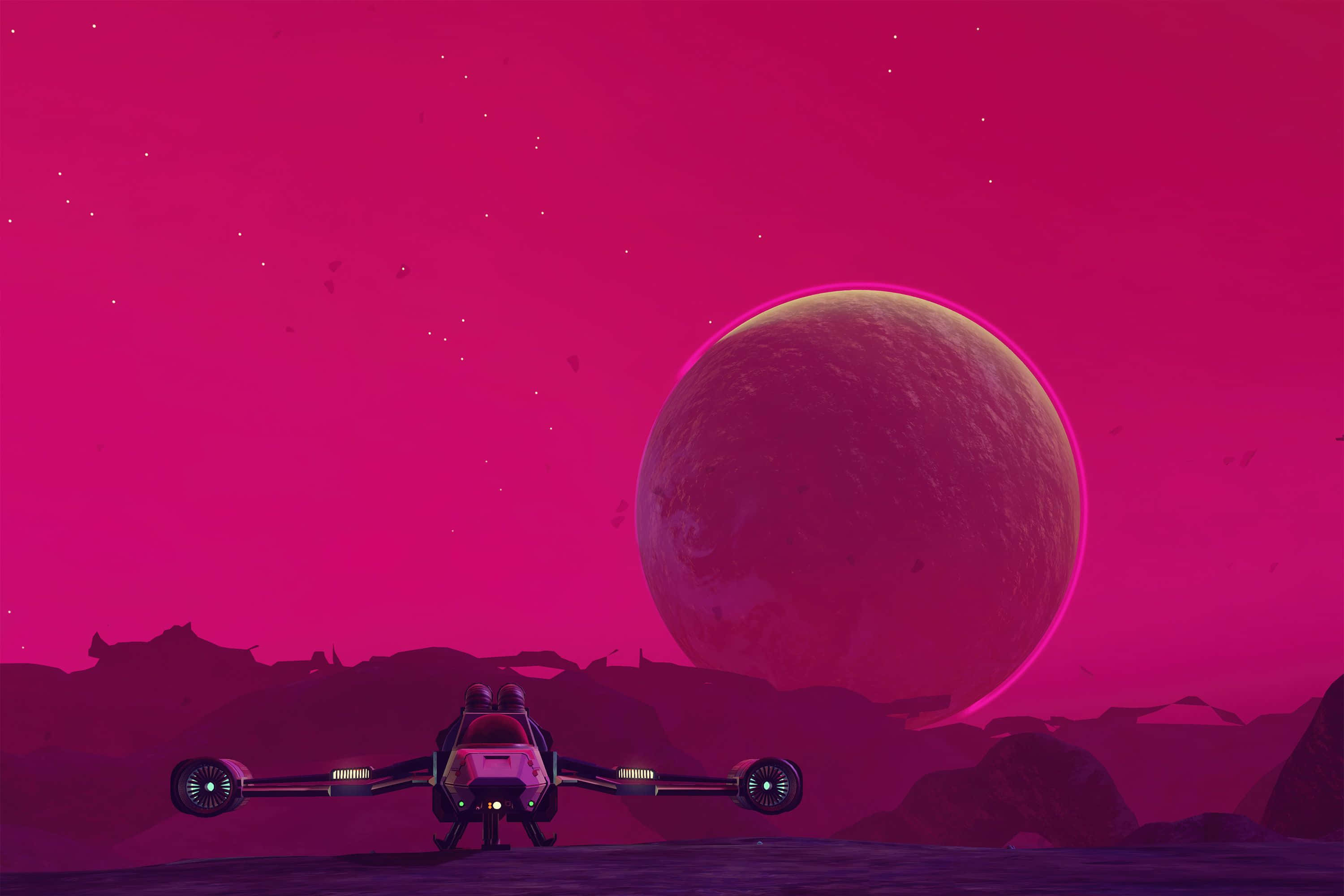 Minimalist Sky 桌布 壁紙 — 一艘未來風格的太空船停泊在一個岩石外星行星上，上方是一輪巨大的粉紅色發光月亮。