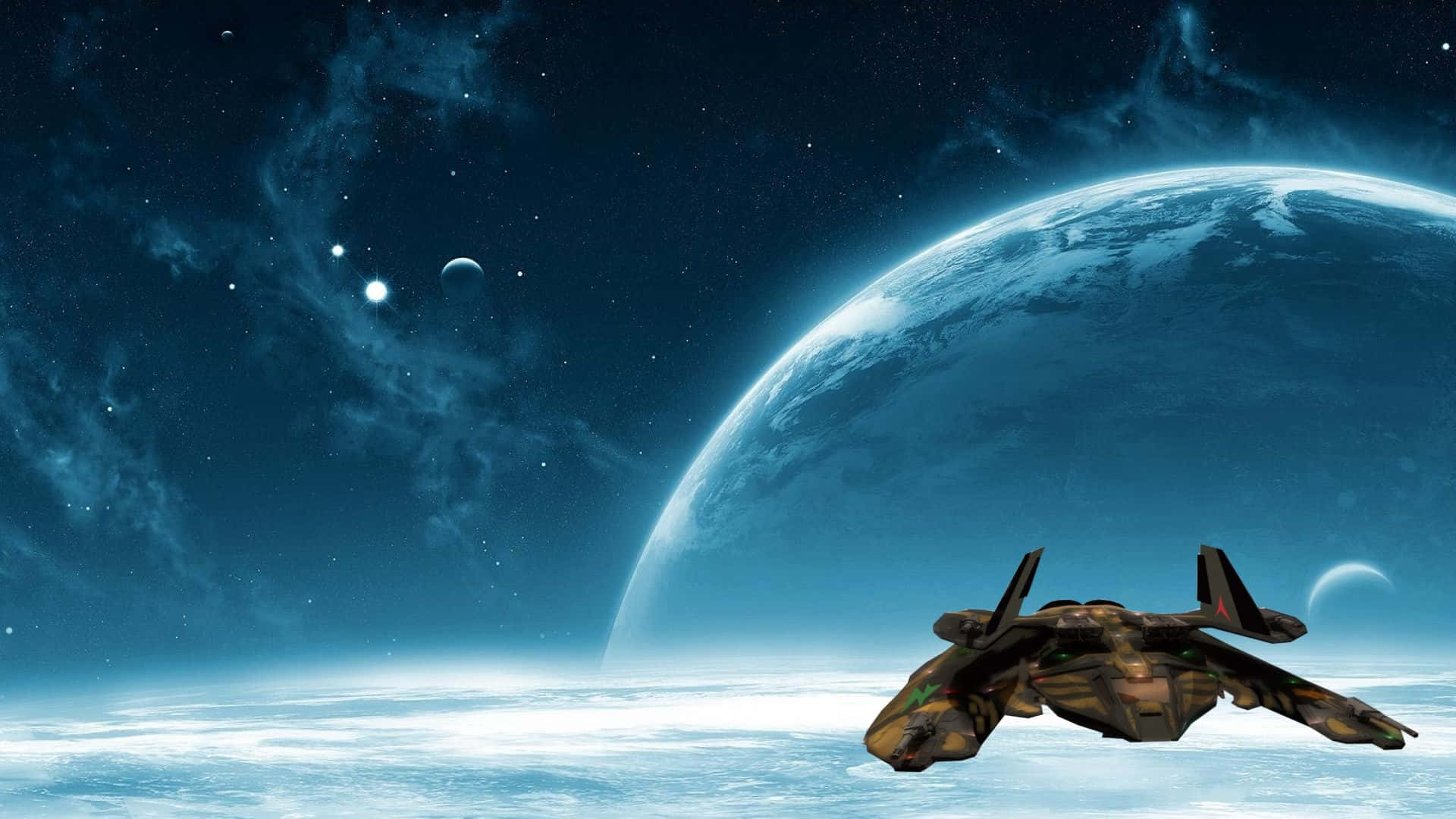 太空船 桌布 壁紙 — 一艘未來風格的太空船在星光燦爛的太空中滑行，靠近一顆帶有旋轉雲層和遙遠衛星的發光藍色行星。